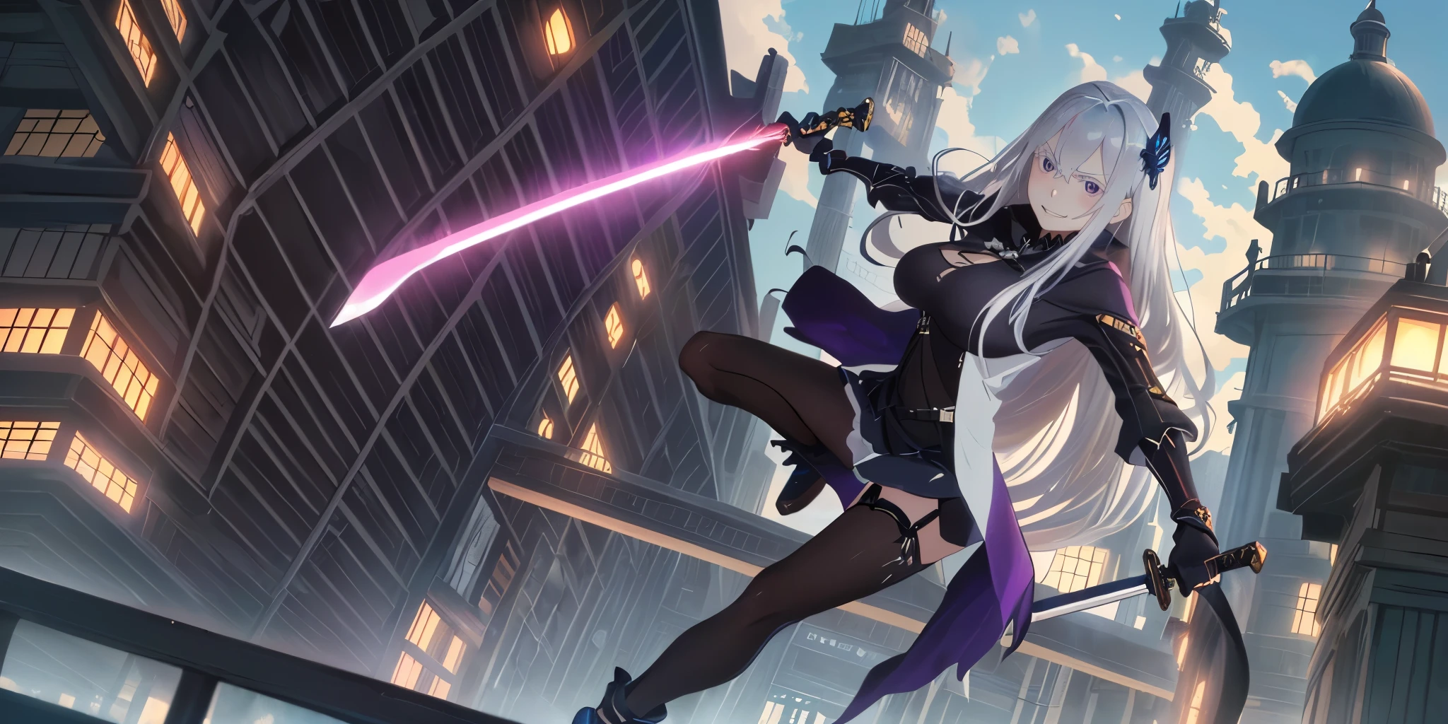 (long hair, silver hair:1.3), purple eyes, hair ornament, pale skin, anatomically correct, heavy breathing, huge breasts, anime girl with sword in city at night, ayaka genshin impact, from arknights, artgerm and atey ghailan, female action anime girl, with large sword, arknights, anime epic artwork, holding a lightsabre. splash art, kantai collection style, ayaka game genshin impact, anime art wallpaper 4k, anime art wallpaper 4 k, (shaded face:1.2), hollow eyes, purple eyes, looking at viewer, (heavy breathing:1.2), smirk, upper teeth, glaring eyes,