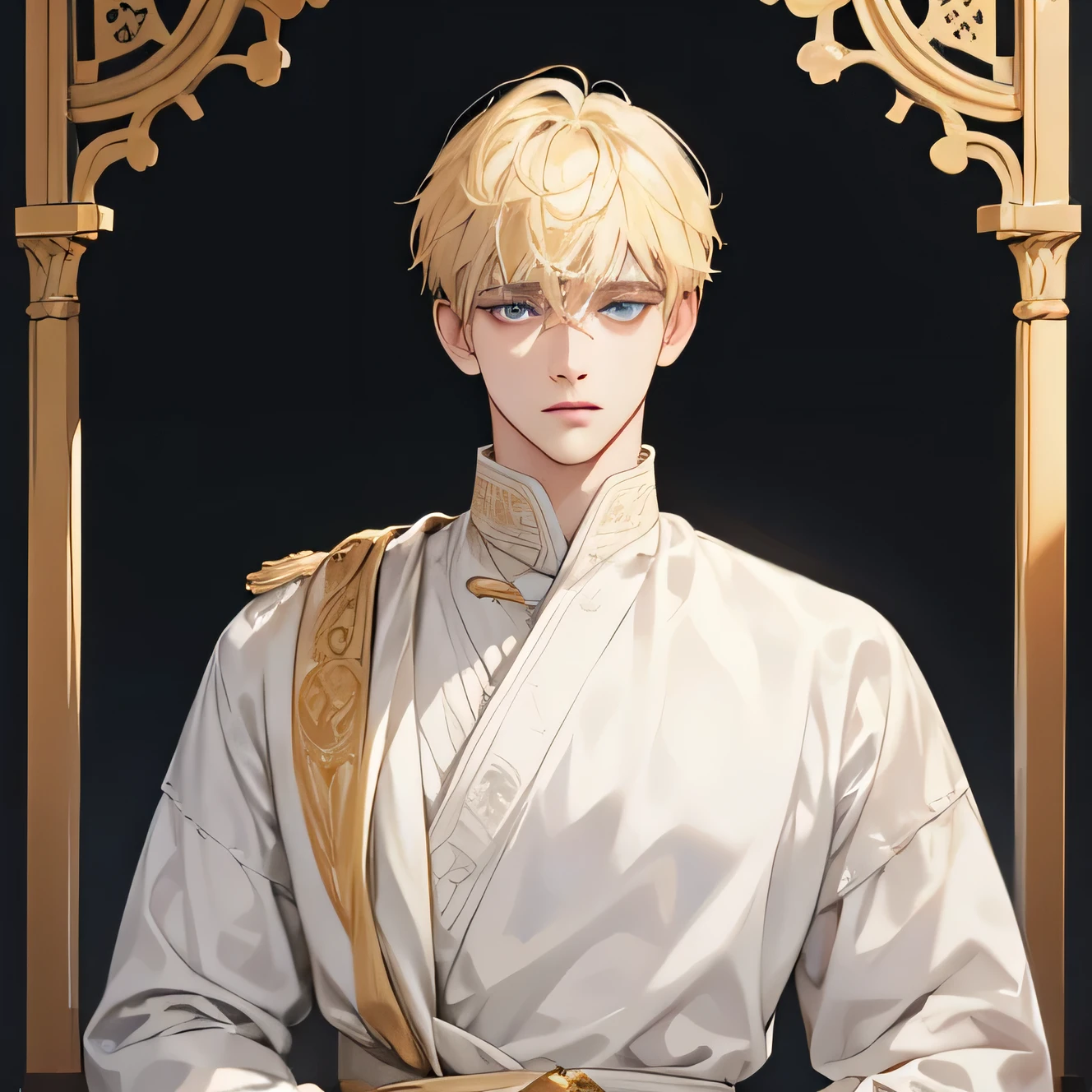 (A male god) Short hair blond boy with tired eyes, equal eyes, white ancient clothes
