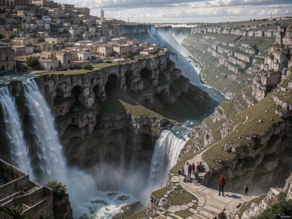 ((highest quality)), (ultra high resolution), (Super detailed), (detailed description), ((best CG)), (best work of art), super precision art, amazing drawing art, (Fantasy art with precise details:1.5), empire city similar to Venice, long entry bridge over massive waterfall into lower city. Sassi di Matera, Italy. sassi_di_matera. Cathedral of Matera. Outdoor in streets of Matera. The character is surrounded by mist, evoking a mysterious and eerie atmosphere. The lighting is dark and atmospheric, with a red smoke adding a touch of sinister ambiance. The image is of the best quality, with a resolution of 4k and HDR enhancement, showcasing the utmost level of detail and realism, nsfw, full body shot. [[YES SFW]], photorealistic man wearing a black hoodie is waiting for the Apocalypse. ((massive waterfall into lower city)), (enhance details)