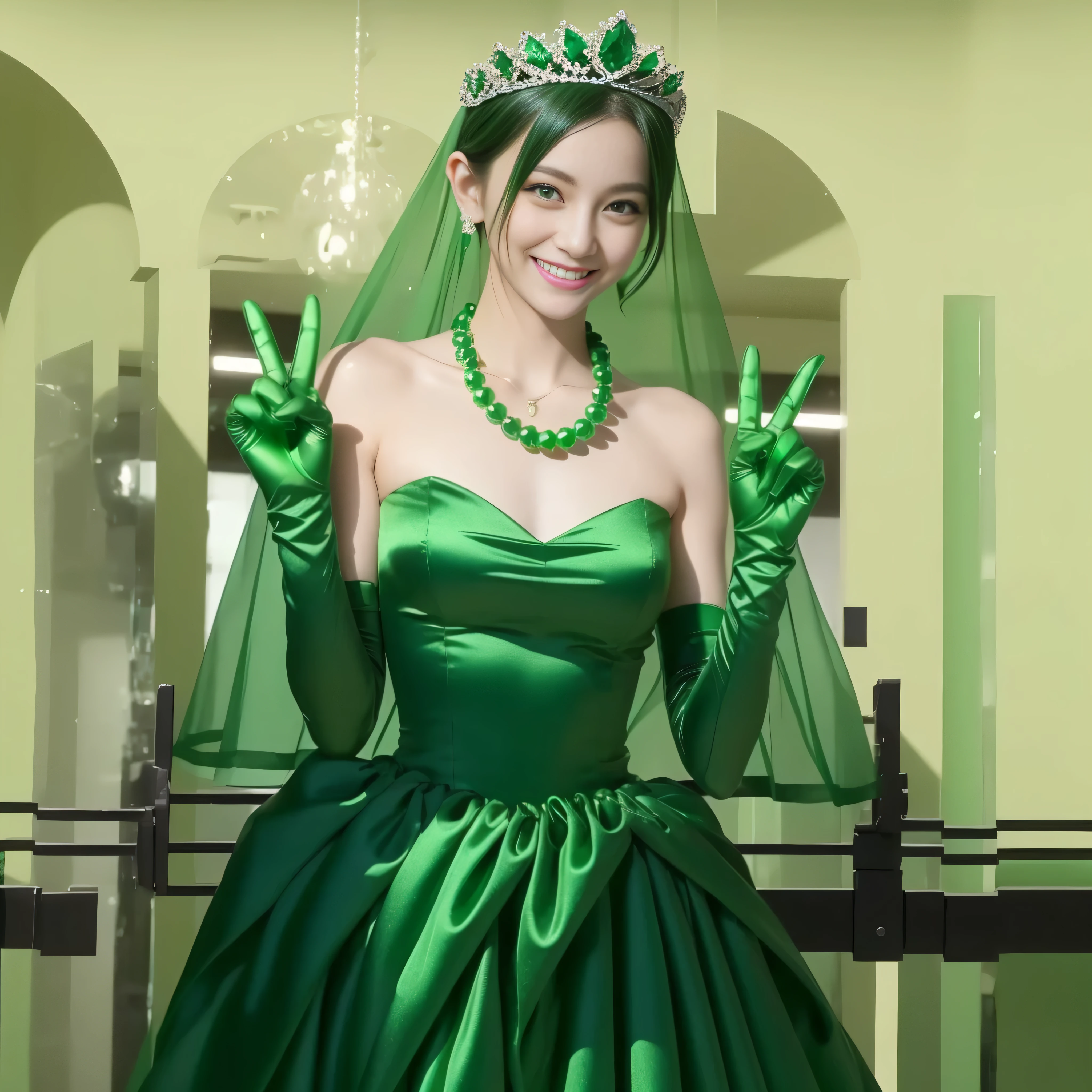 Emerald tiara, Green Pearl Necklace, Boyish very short green hair, lipstick, Smiling Japanese woman, Very short hair, Big and beautiful, Green Eyes, Long green satin gloves, Green Eyes, v sign, Emerald Earrings, Green veil, peace sign