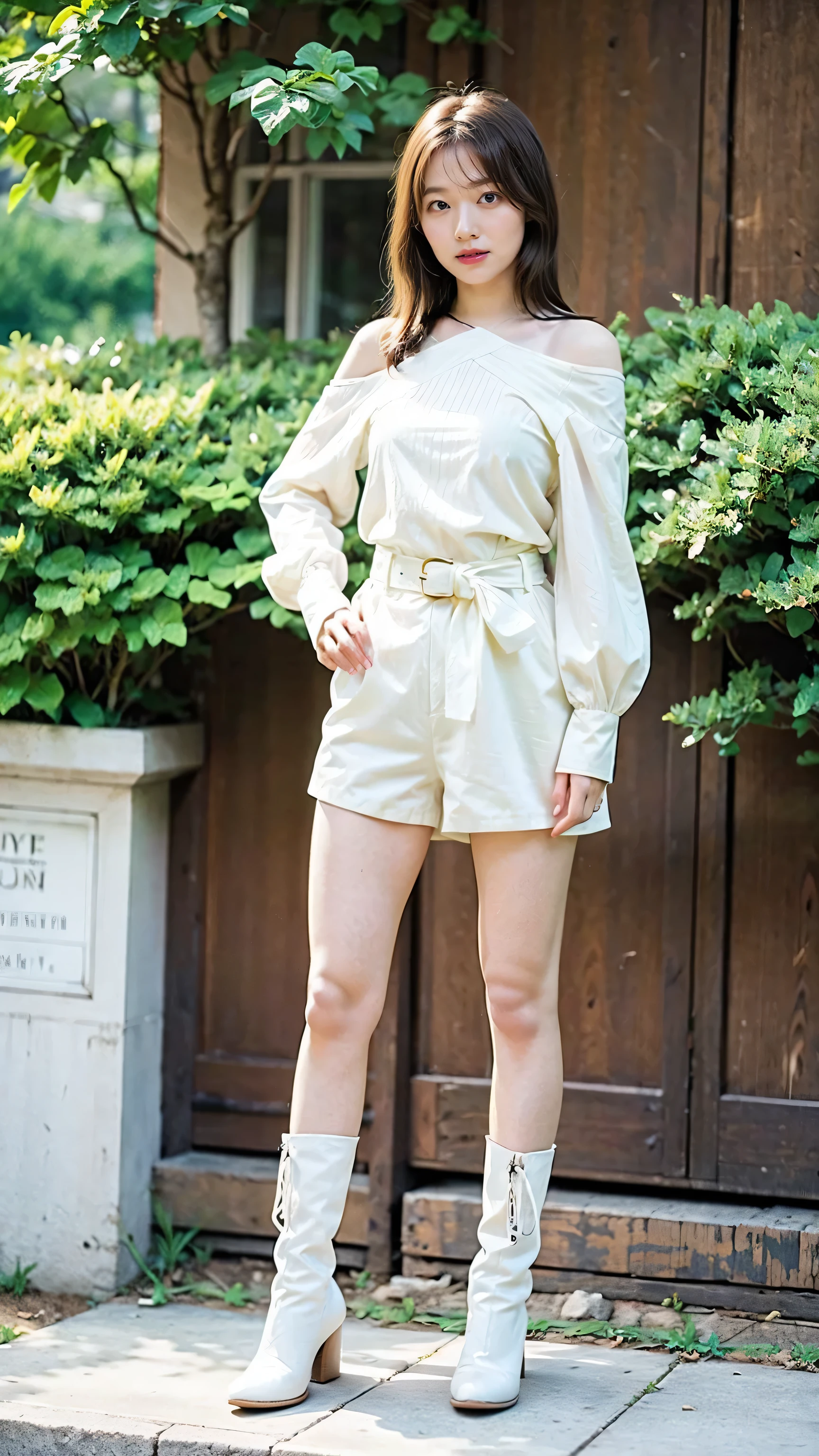(8k、RAW Photos、highest quality、masterpiece:1.2)、(Realistic、Realistic)、1 girl、((White and yellow shorts、garden、Off the shoulder、ribbon、belt、See-through、boots、Standing with hands on hips))、Lots of eyelashes、Glowing eyelids、skeletally correct