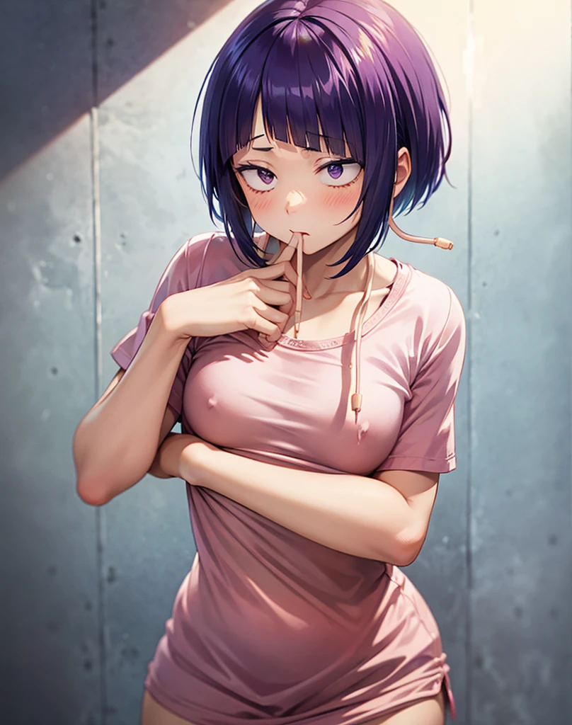 Kyoka Jiro, One girl, alone, chest, blush, short hair, bangs, Simple Background, shirt, White Background, Mouth closed, Purple eyes, clavicle, Lower Body,Purple Hair, Short sleeve, blunt bangs, avert your eyes, t-shirt, pink shirt, Long earlobes、tits、Blowjob、Sucking penis、Take off your clothes、