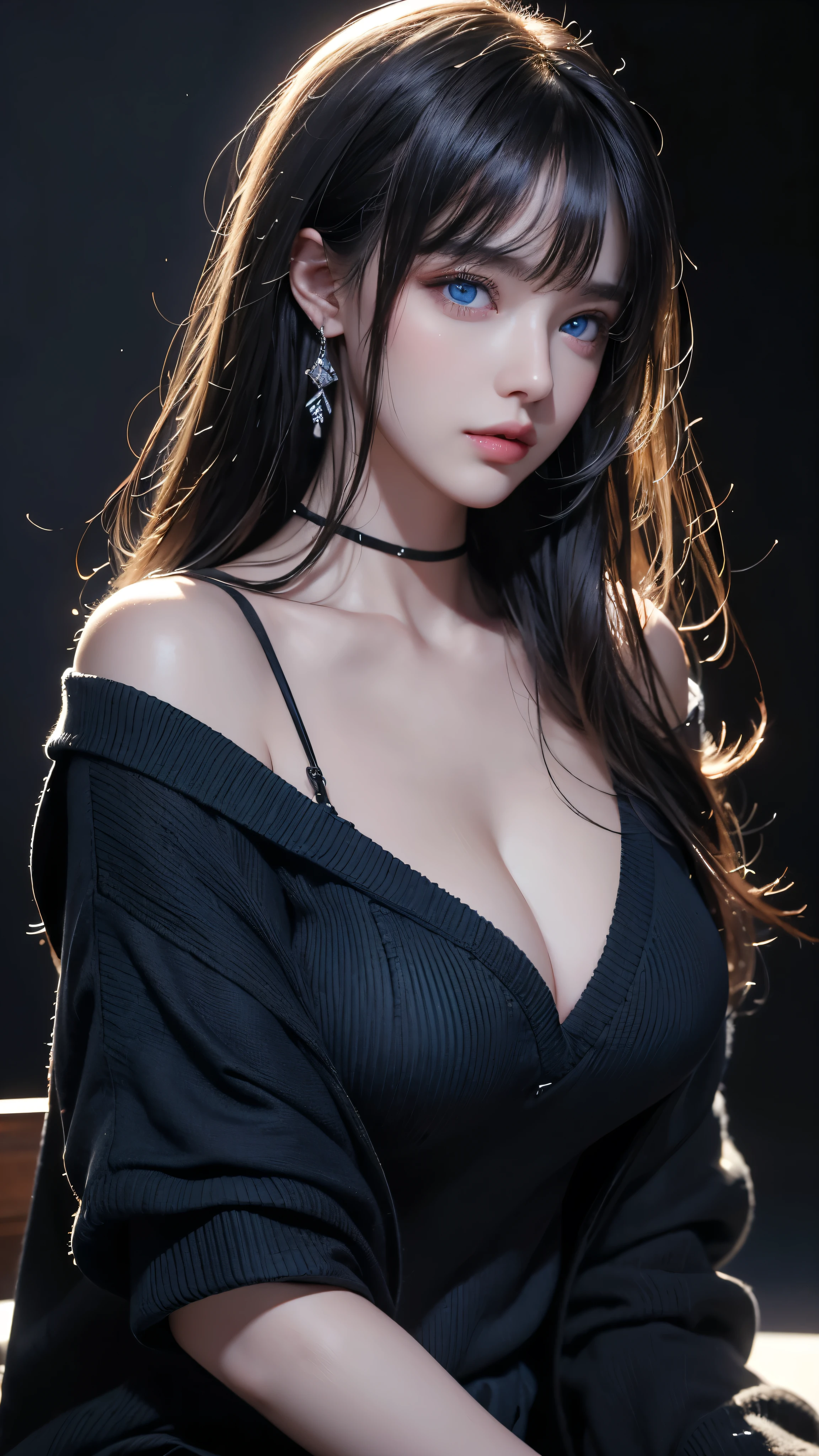 masterpiece, highest quality, Super detailed, Facing the camera, Super detailed, Realistic, Sharp features, Very detailed, Sharp focus, Perfect Face, Perfect Face, Perfect symmetrical perfect eyes, Perfect Plump Lips, Flexible female form, Cinematic, Film Light, Super detailed, hyper Realistic, masterpiece, Atmospheric, High resolution, Vibrant, Dynamic Studio Lighting, ((Dark Background)), The expression when enduring pleasure, Straight bangs, blue eyes,Black sweater, Cowboy Shot,The cleavage is visible、first round