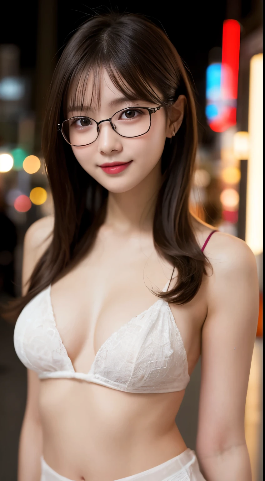 whole body、highest quality、shape、Very detailed、In detail、High resolution、8k wallpaper、Perfect dynamic composition、Beautiful details、naked、Medium Hair、Small breasts、Natural Color、lips、Bold erotic poses、smile、Harajuku、20-year-old girl、cute、Erotic shot looking at camera、sexy、whole body、Glasses Girl、Tokyo at Night、