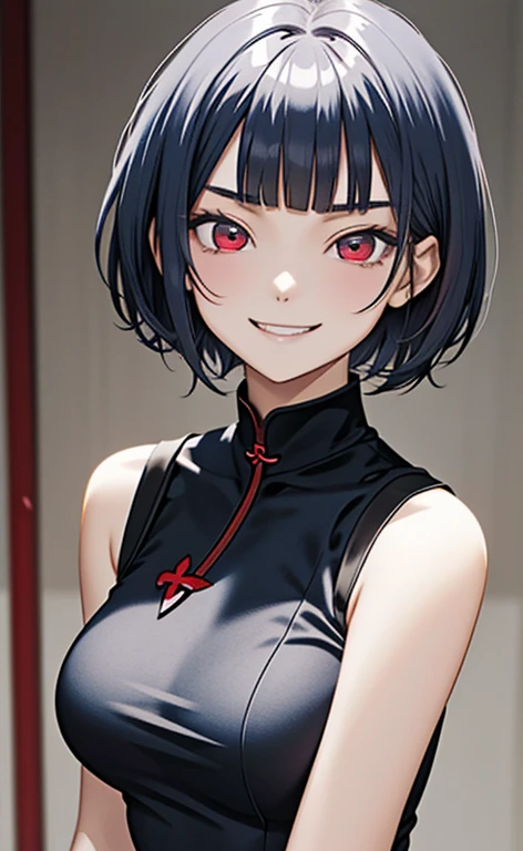 (masterpiece:1.4、top-quality、illustration)、(character focus、,upper body:1.3)、(face:1.5),(1girl),(evil smile:1.5),(Beautiful eyes:1.4),cute face,(red eyes:1.3)、(tareme:1.3)、(),
),(stand:1.4),、(),(),
(blue grey hair),(short hair:1.5)、
,(),(sleeveless turtleneck china dress:1.5),
(blunt bangs),(sidelocks:1.3), (large breasts)、
、slender、zydG