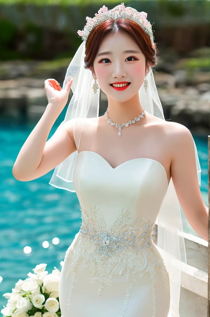 best quality，HD，masterpiece，a beauty，Clear face，Small waist，Wearing a mermaid themed wedding dress，Positive face