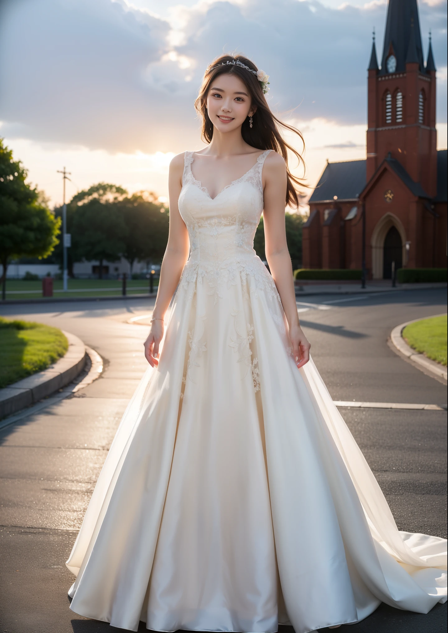 Beautiful 25 year old  skinny woman。She is wearing a wedding dress. She is smiling on illuminated by the evening church lights on the romantic sunset time.  her dark brown hair. High resolution、masterpiece、highest quality、頭w:1.0、((Hasselblad Photos))、fine skin、(movie lighting)、clavicle . full body picture.