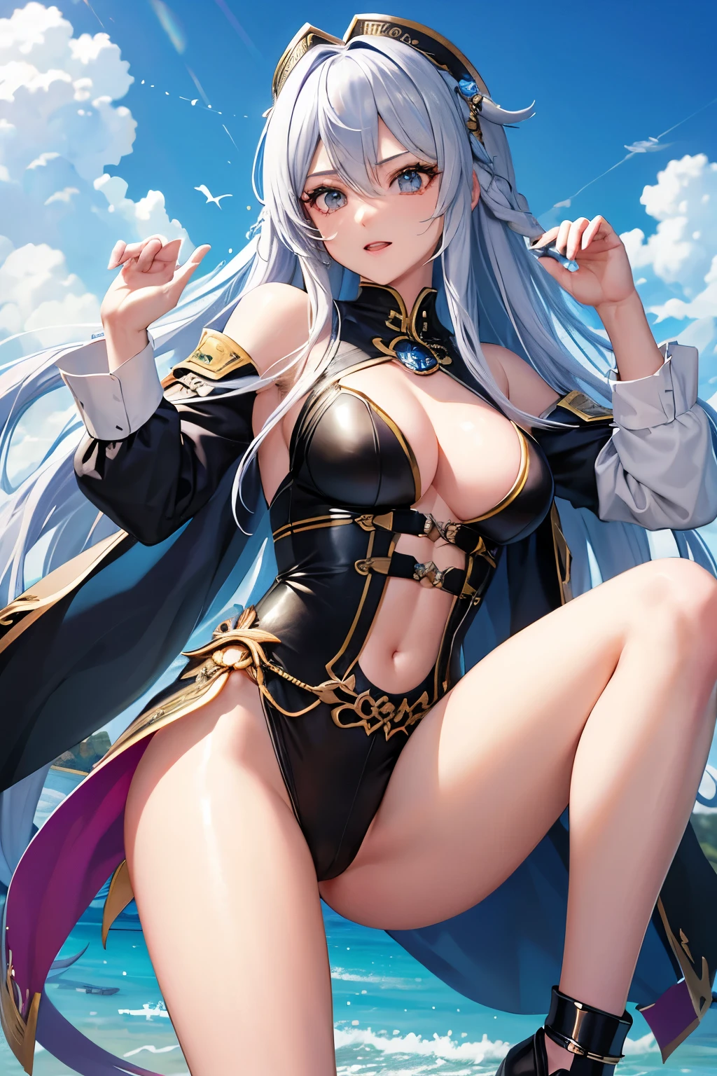 (((highest quality、first-clasasterpiece、Normal body、8k、Detailed face、Ultra-precision、Normal hand、Normal finger、5Finger、)))Brightly colored hair、Rainbow black silver hair、Small breasts、Flexible body、Legendary Hero、Legendary Heroの剣、Legendary Heroの鎧、Legendary Heroの兜、Legendary Heroの盾、敗北したLegendary Hero