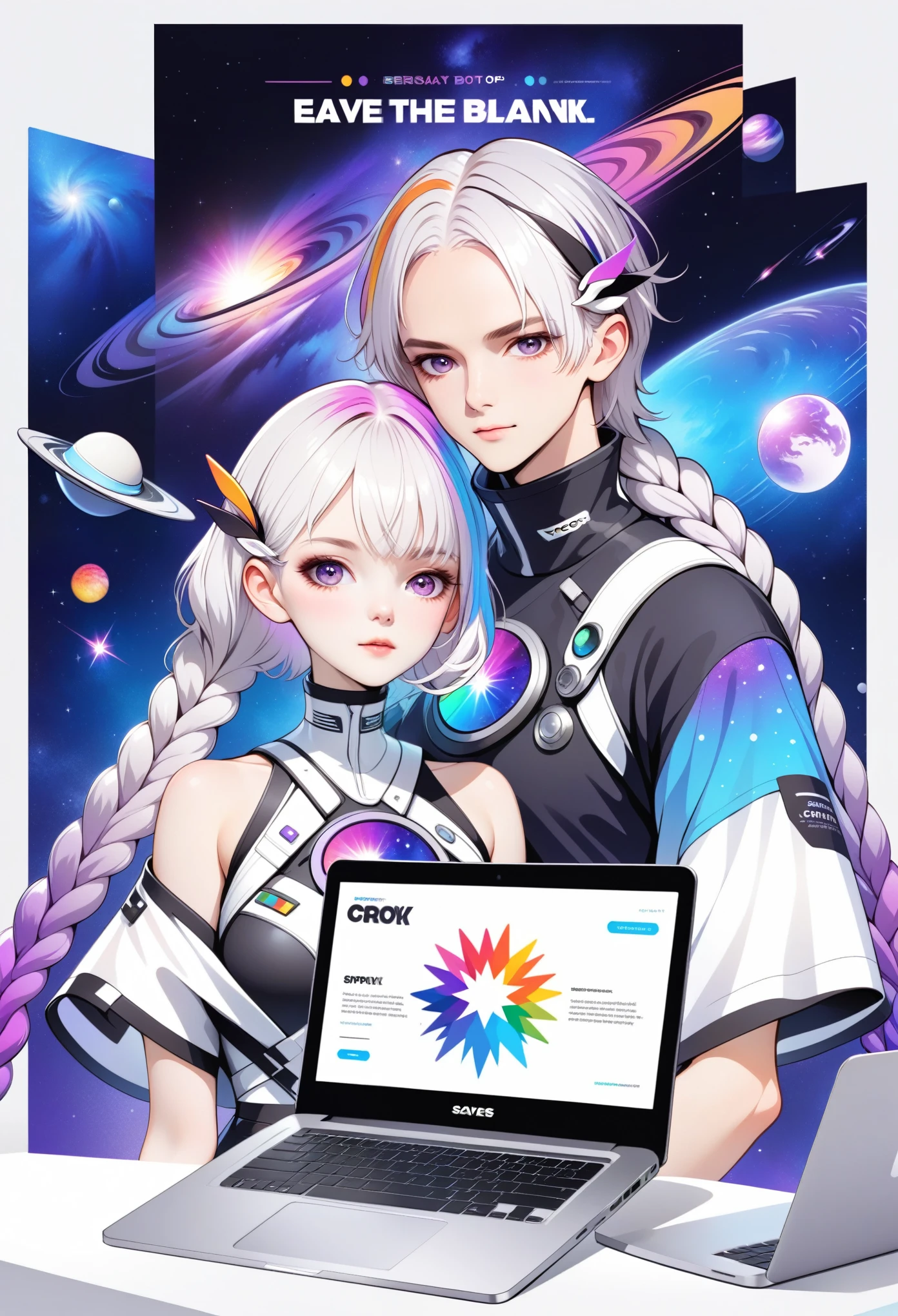 Graphic design,vector art,Smooth lines,Simple style,Interesting product poster design:bust,Short white hair for boy,Girl white hair purple long braids,hair ornament,High collar off-shoulder short sleeves,Galaxy theme,(fashion design),(Vibrant colors)(Bright colors),(((Leave the top blank,laptop:1.37,Text "COLORFUL")))