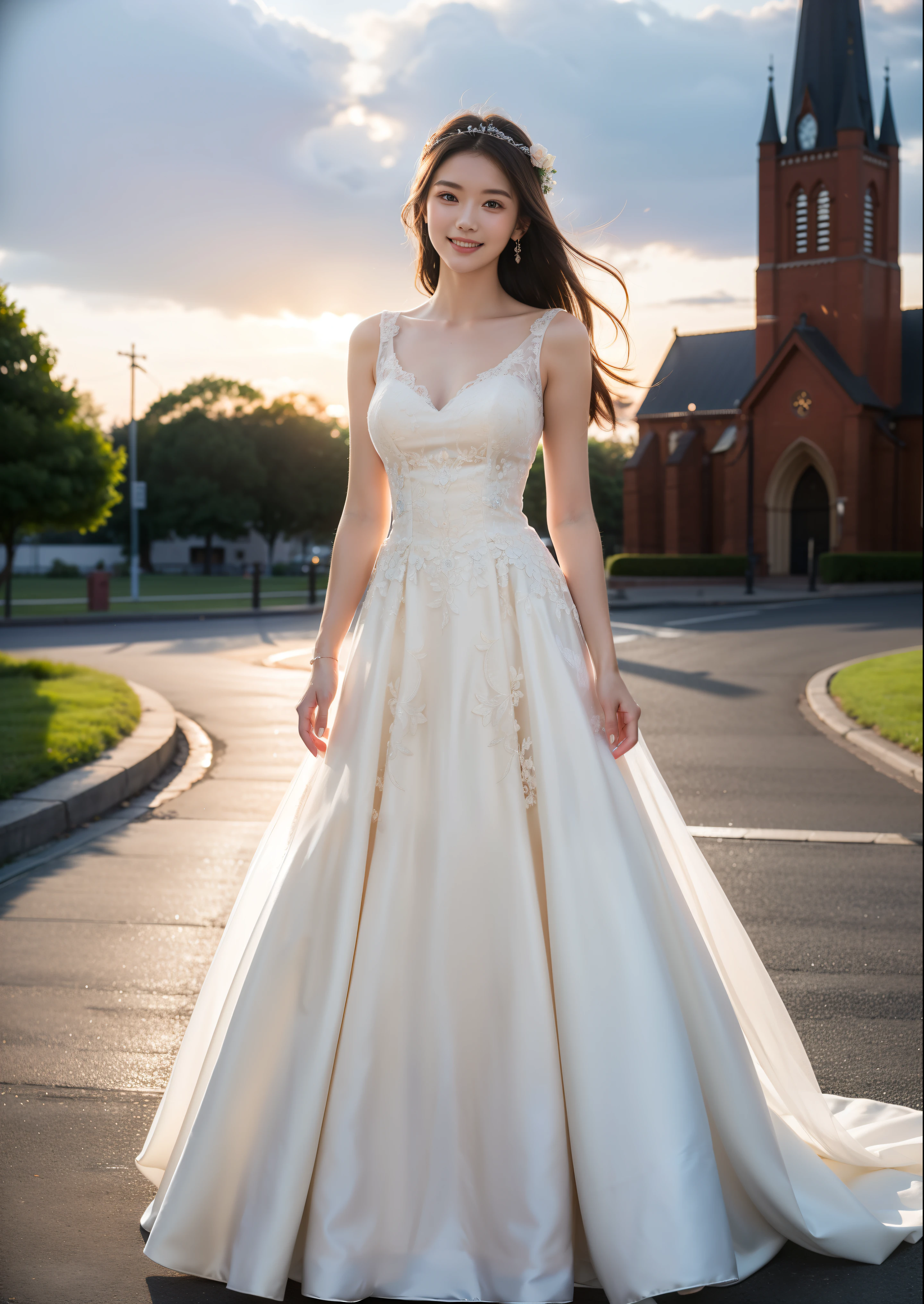 Beautiful 25 year old skinny woman。She is wearing a wedding dress. She is smiling on illuminated by the evening church lights on the romantic sunset time. her dark brown hair. High resolution、masterpiece、highest quality、頭w:1.0、((Hasselblad Photos))、fine skin、(movie lighting)、clavicle . full body picture.