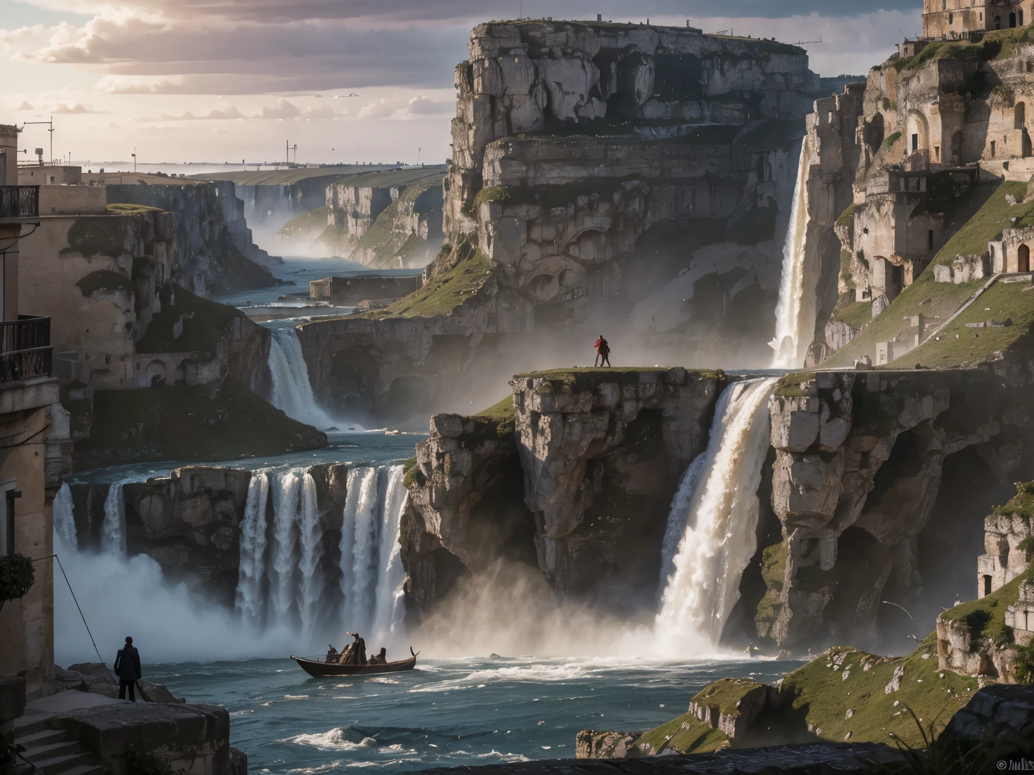 ((highest quality)), (ultra high resolution), (Super detailed), (detailed description), ((best CG)), (best work of art), super precision art, amazing drawing art, (Fantasy art with precise details:1.5), empire city similar to Venice, long entry bridge over massive waterfall into lower city. Sassi di Matera, Italy. sassi_di_matera. Cathedral of Matera. Outdoor in streets of Matera. The character is surrounded by mist, evoking a mysterious and eerie atmosphere. The lighting is dark and atmospheric, with a red smoke adding a touch of sinister ambiance. The image is of the best quality, with a resolution of 4k and HDR enhancement, showcasing the utmost level of detail and realism, nsfw, full body shot. [[YES SFW]], photorealistic man wearing a black hoodie is waiting for the Apocalypse. ((massive waterfall into lower city)), (enhance details)