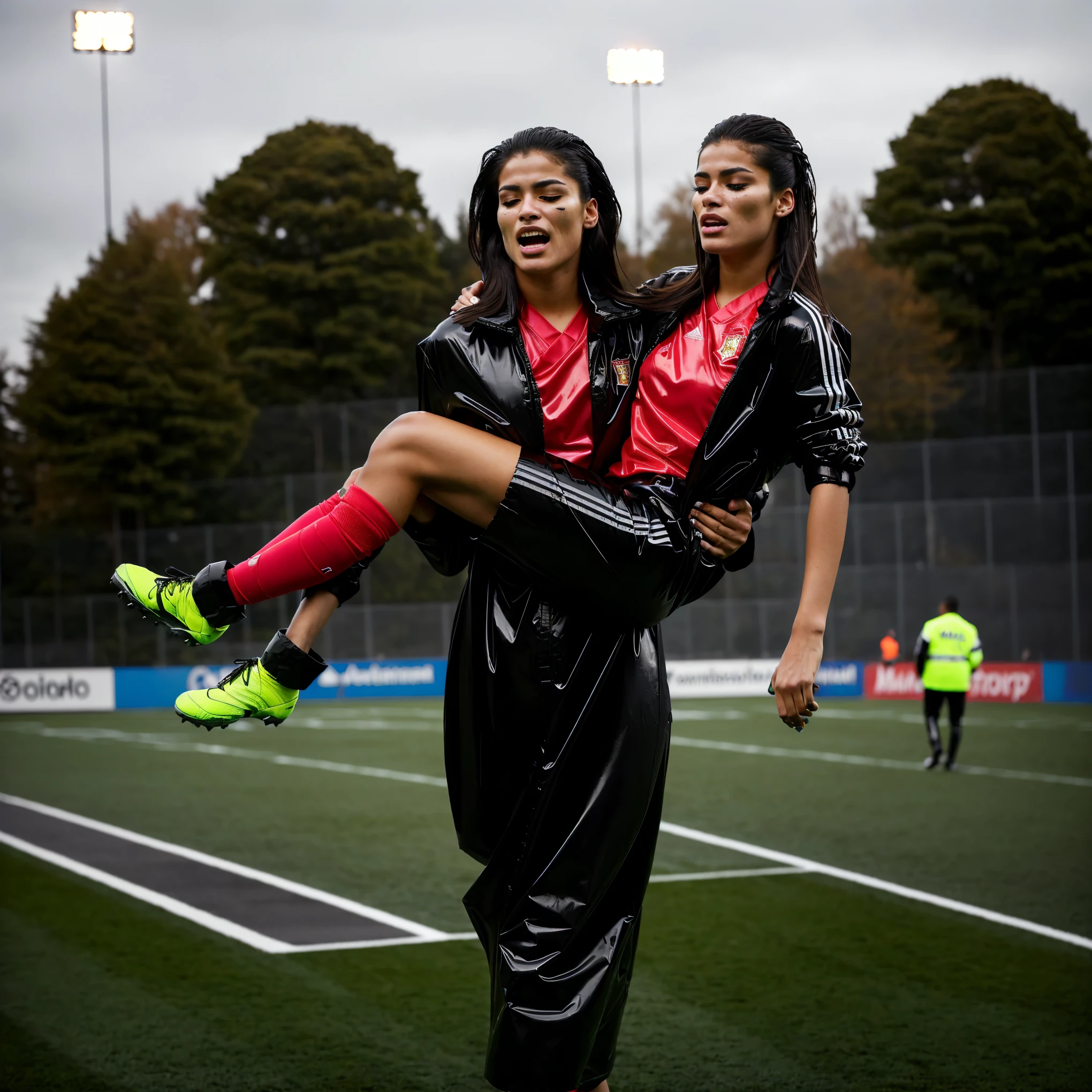 a portuguese girl in a laquered and very shiny quilted coat carries a man-soccer-player, a woman carries a man, a portuguese woman carries a male soccer player in her arms, rainy weather, rainfall, humid, girl carries guy, lift and carry, an excessively madeup latino-girl in a high-shine wet black latex downcoat, a soccer scene, very matte cotton soccer sportswear on a well shaped male body, a soccer injury, first aid carry at a soccer match, a young madeup latino-girl in a shiny black vinyl downjacket, a madeup latino-girl in a shiny plastic-downcoat, a very sad and desperately crying latino-girl, an intensely madeup latino-girl in a glossy black vinyl-downcoat, latino-girl with lipstick, latino-girl with smoky eyes, dramatic action pose, woman that is carrying a skinny shorthaired man, there is a beautiful woman in a shiny coat who is carrying a shorthaired blond man in her arms, a longhaired beautiful woman in a high-shine black puffy coat, a longhaired woman in a shiny downcoat, a woman is carrying a shorthaired man who is wearing black shorts, a weak shorthaired man in black shorts is consciousless and needs to be carried, a shorthaired man with closed eyes is carried in the arms of a longhaired latino-woman, a latino-woman looks very scared and terrified, a consciousless shorthaired man with closed eyes is suffering very much and has a very painful face, photo, photo shoot, photographed, arafed man being carried by a woman, very realistic, very very realistic, hyper-realistic, hyper - realistic, hyper realistic, jacket over bare torso, very disturbing, very hyperrealistic, super realistic, hyperrealistic!, extremely realistic, very very very realistic, super-realistic, very matte, very dull, pure cotton, soccer sportswear