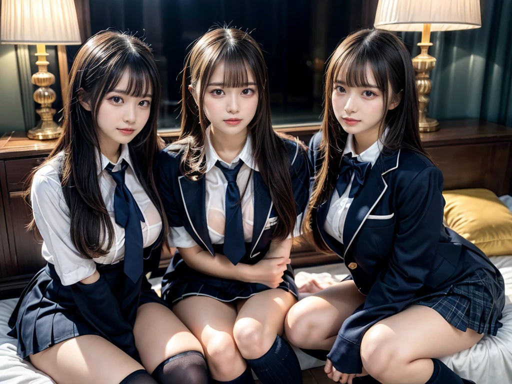 (8K, Raw photography, top-quality, masterpiece:1.2), master piece, best quality, illustration, Super detailed, fine details, High resolution, 8K,wall paper, perfect dynamic composition,(Details High quality, realistic depiction of eyes:1.3), ((2 girls, 2 schoolgirls)), The background is a luxury hotel room、High school girl uniform、blazer 、Super Short Check Uniform Skirt、Navy blue high socks、garterbelts、Colossal tits、Disturbed uniform, Play with each other,Touching each other's bodies,Touching the body of the girl next door, short bob hair, black hair color, huge breasts, Big Natural Color Lip, bold sexy pose, (perfect body shape), crying a little、cold gaze, Beautiful makeup,glitter makeup,Cutest 18 years old, beautiful legs, hposing Gravure Idol, Voluptuous thighs