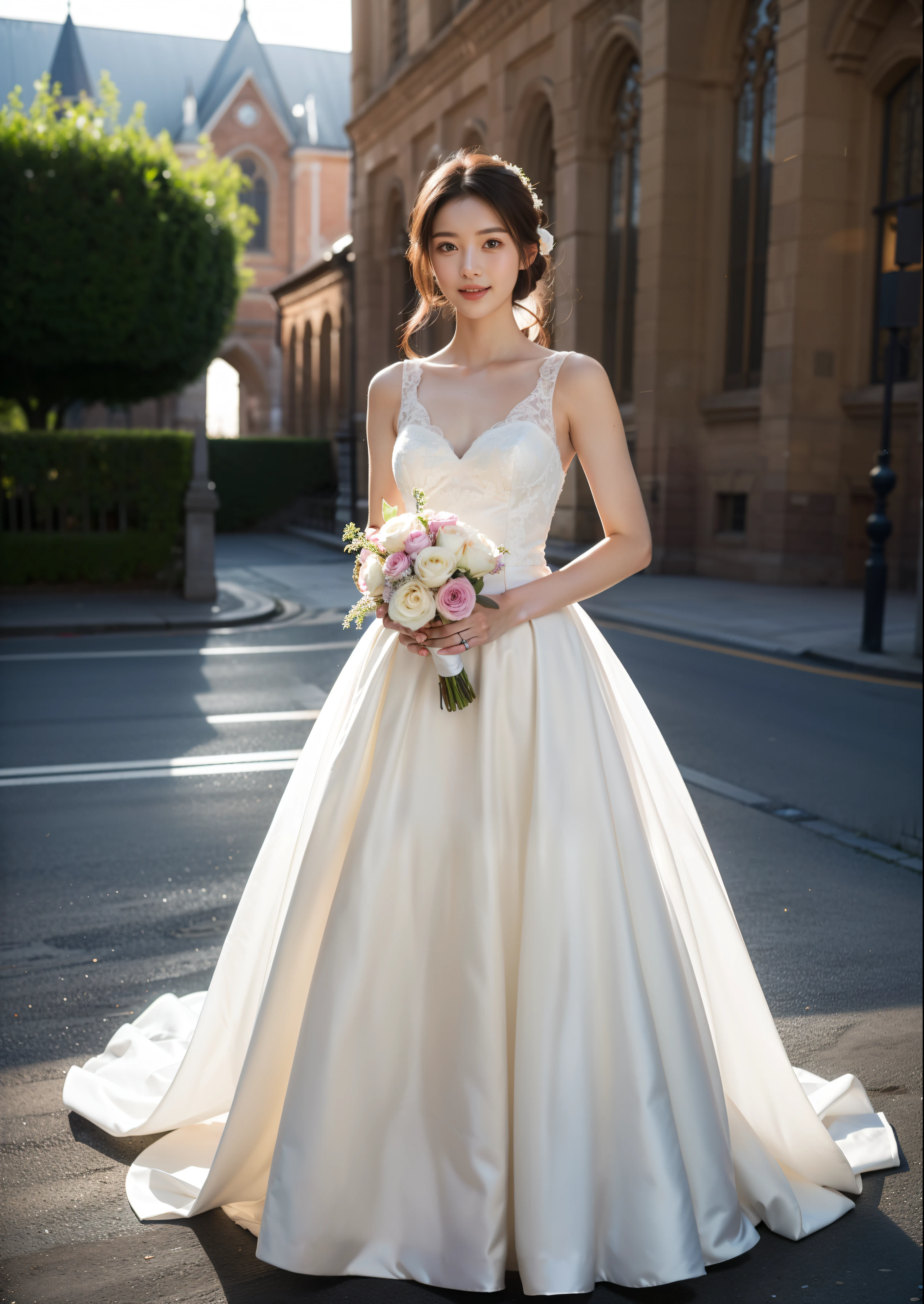 Beautiful 25 year old  skinny woman。She is wearing a wedding dress. She is smiling on illuminated by the evening church lights on the romantic sunset time.  her dark brown hair. High resolution、masterpiece、highest quality、頭w:1.0、((Hasselblad Photos))、fine skin、(movie lighting)、clavicle . full body picture.