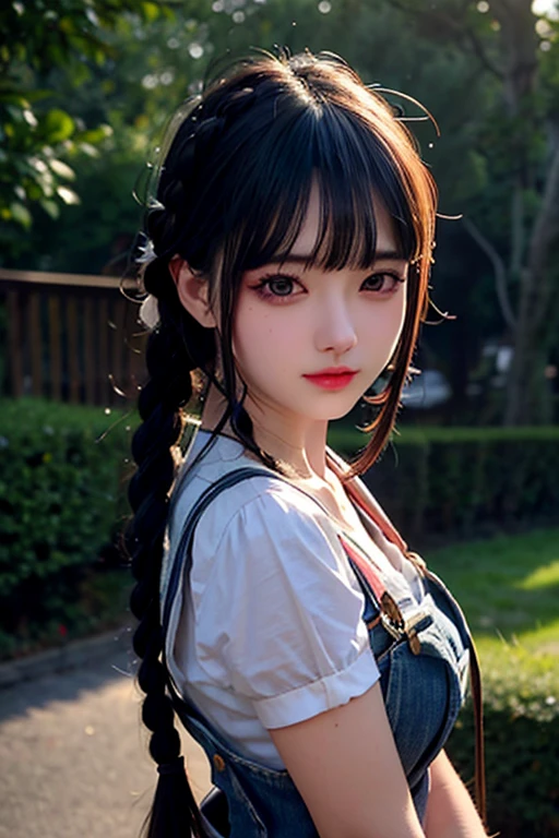 Top quality masterpiece 8Kmasterpiece Super detailed facial details Draw the face in detail A woman wearing only denim suspenders Loose denim overalls Nogizaka Idol Asuka Saito Plump breasts Upper Body Kawaii pose sexy pictures Focus on the face Close up photography professional lighting Vivid photos Sexy heavy bangs Sexy pose tiny braids Braids on both sides of the face