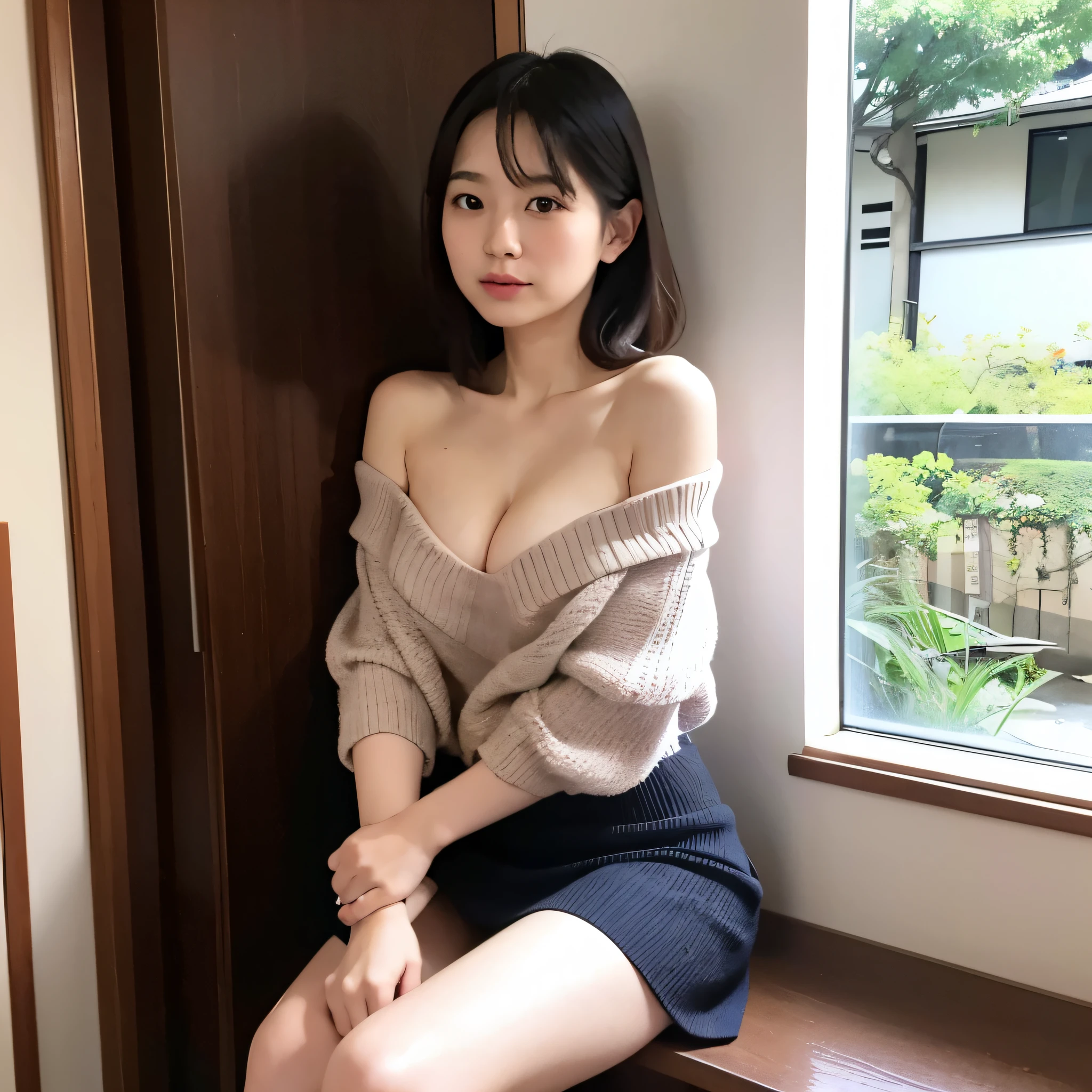 1 japanese women,office,cleavage,small breasts:1.5,lukewarm sleeveless knit,off shoulder,long skirt,sit,side
