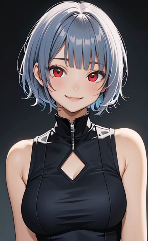 (masterpiece:1.4、top-quality、illustration)、(character focus、,upper body:1.3)、(face:1.5),(1girl),(fingersmile:1.5),(Beautiful eyes:1.4),cute face,(red eyes:1.3)、(tareme:1.3)、(),
),(stand:1.4),、(),(),
(blue grey hair),(short hair:1.5)、
,(),(sleeveless turtleneck china dress:1.5),
(blunt bangs),(sidelocks:1.3), (large breasts)、
、slender、zydG