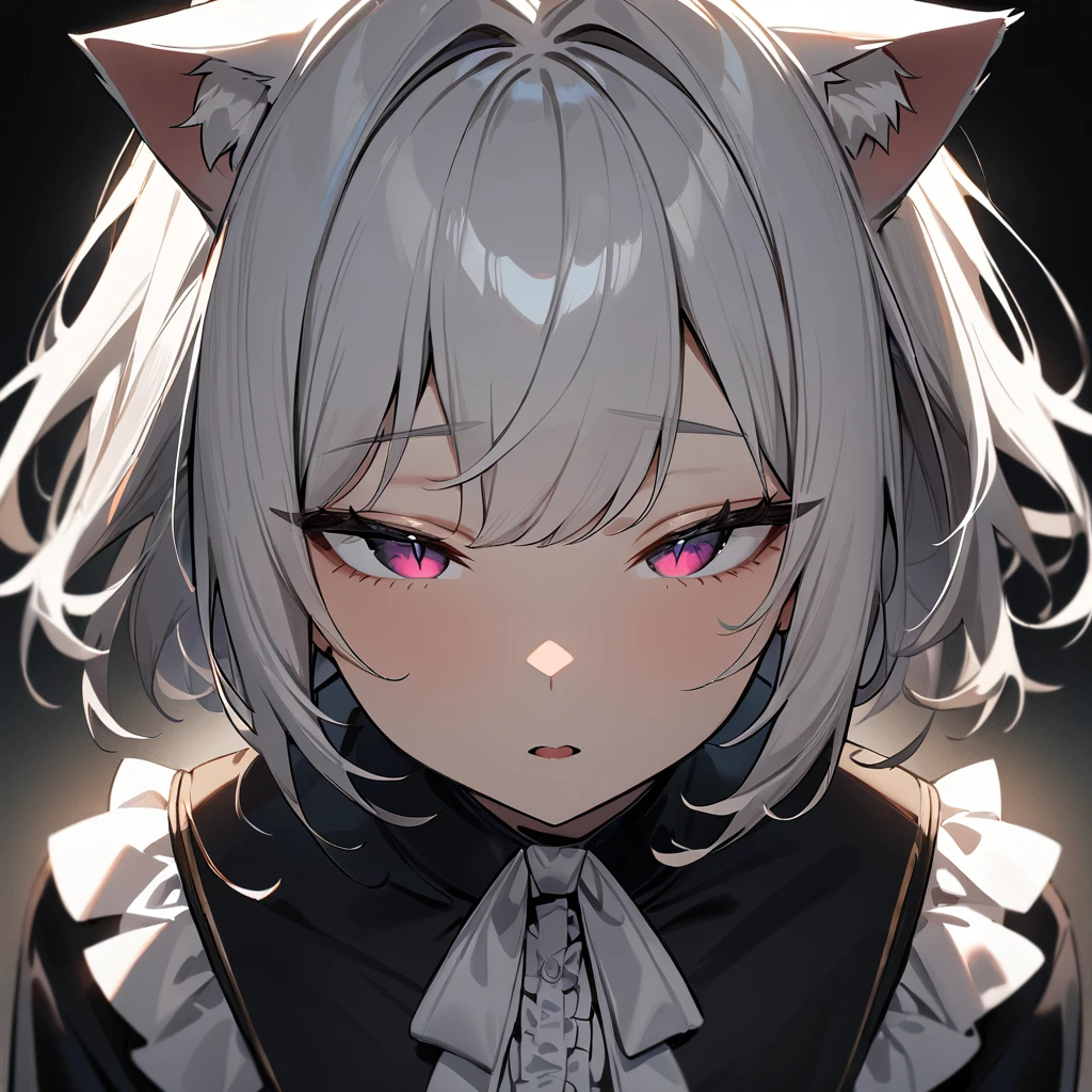 1girl,Slit pupil,masterpiece,best quality, very aesthetic,absurdres,highlight,center frills,cat ear,medium shot,looking at viewer,half closed eyes,front view,Parted lips,kiss,straight-on,White hair,imminent kiss,