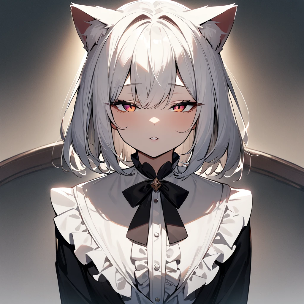 1girl,Slit pupil,masterpiece,best quality, very aesthetic,absurdres,highlight,center frills,cat ear,medium shot,looking at viewer,half closed eyes,front view,Parted lips,kiss,straight-on,White hair,imminent kiss,