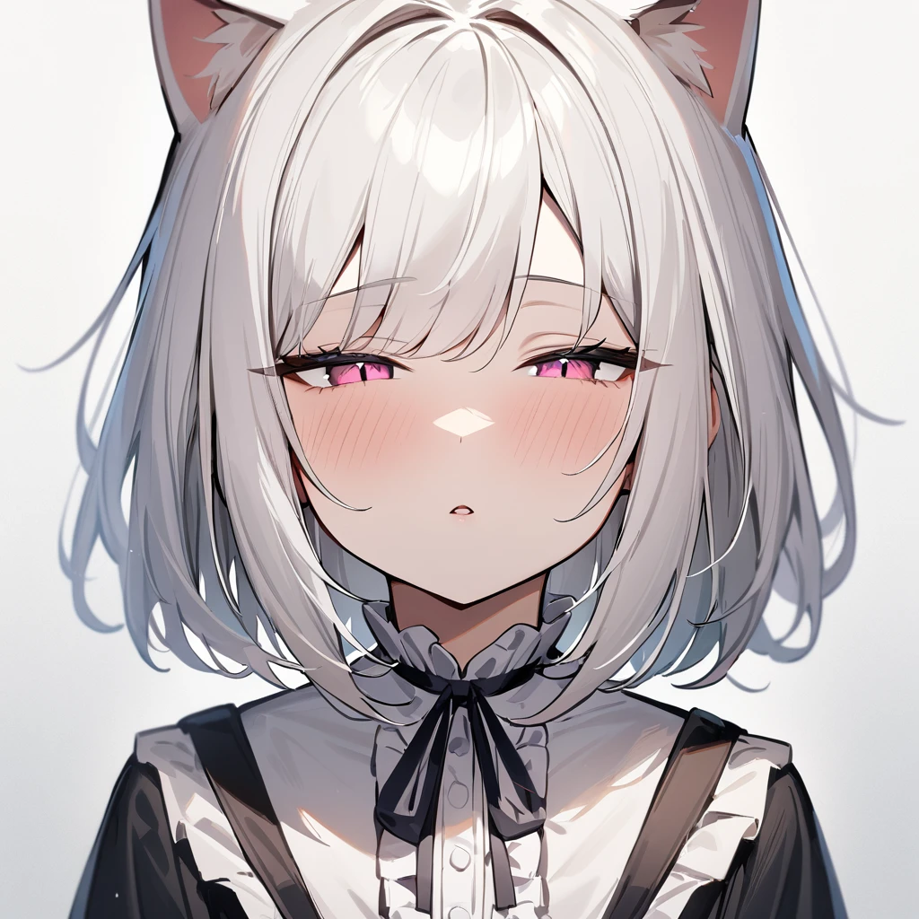 1girl,Slit pupil,masterpiece,best quality, very aesthetic,absurdres,highlight,center frills,cat ear,medium shot,looking at viewer,half closed eyes,front view,Parted lips,kiss,straight-on,White hair,imminent kiss,