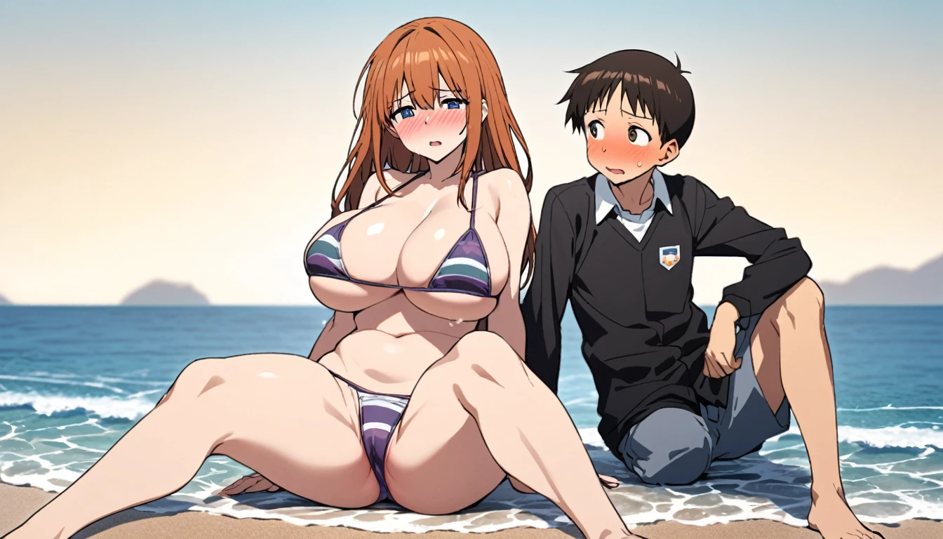 ikari shinji and Asuka bikini super big breasts breast enlargement blushing two people sitting on the beach full-body shot