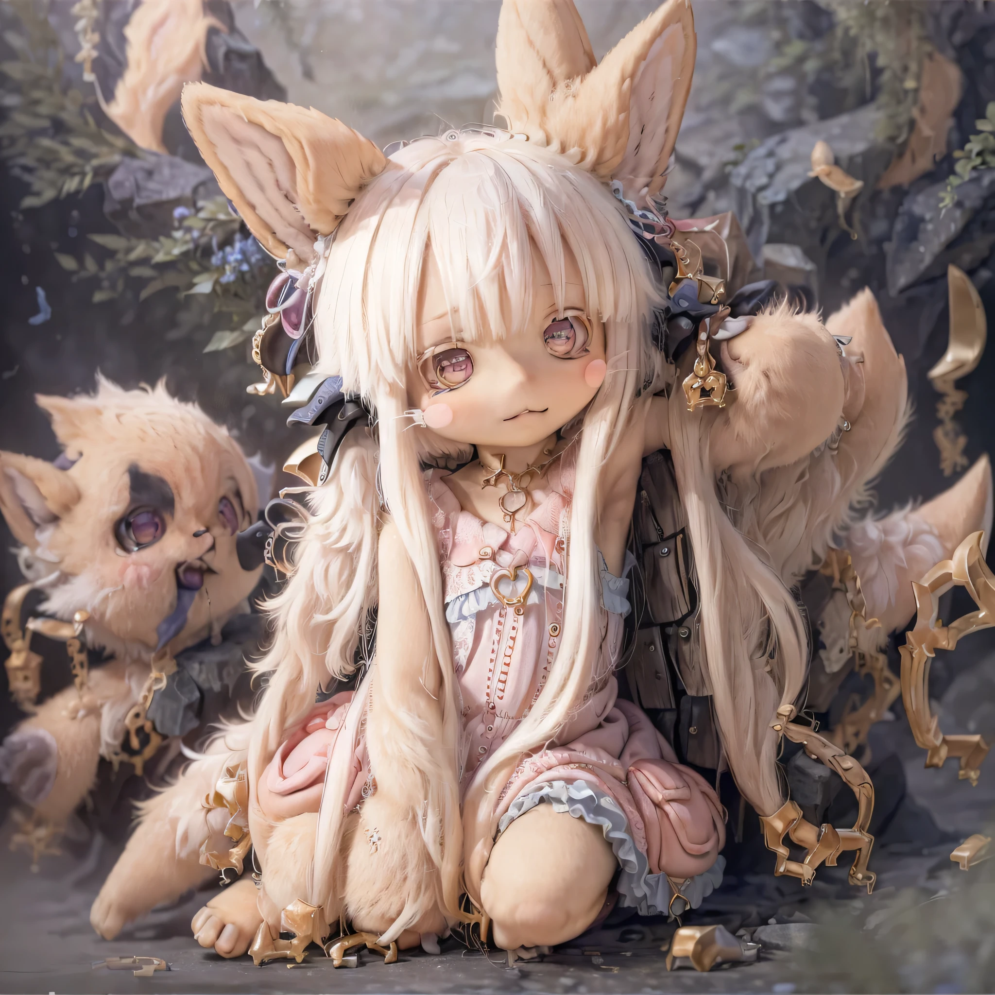 in the garden, Smiling girl, Similar to Nanachi from Made in Abyss. She is beautiful, Beautiful eyes and lips. girl (((Chibi Style,))) . The image quality is of the highest quality, Highly detailed and realistic features. The medium of this work is、Combining illustration and photorealistic rendering.. The colors are vivid、The lighting creates a warm and bright atmosphere。Casual Full Body(((((Cute pink dress)))))Contrasting