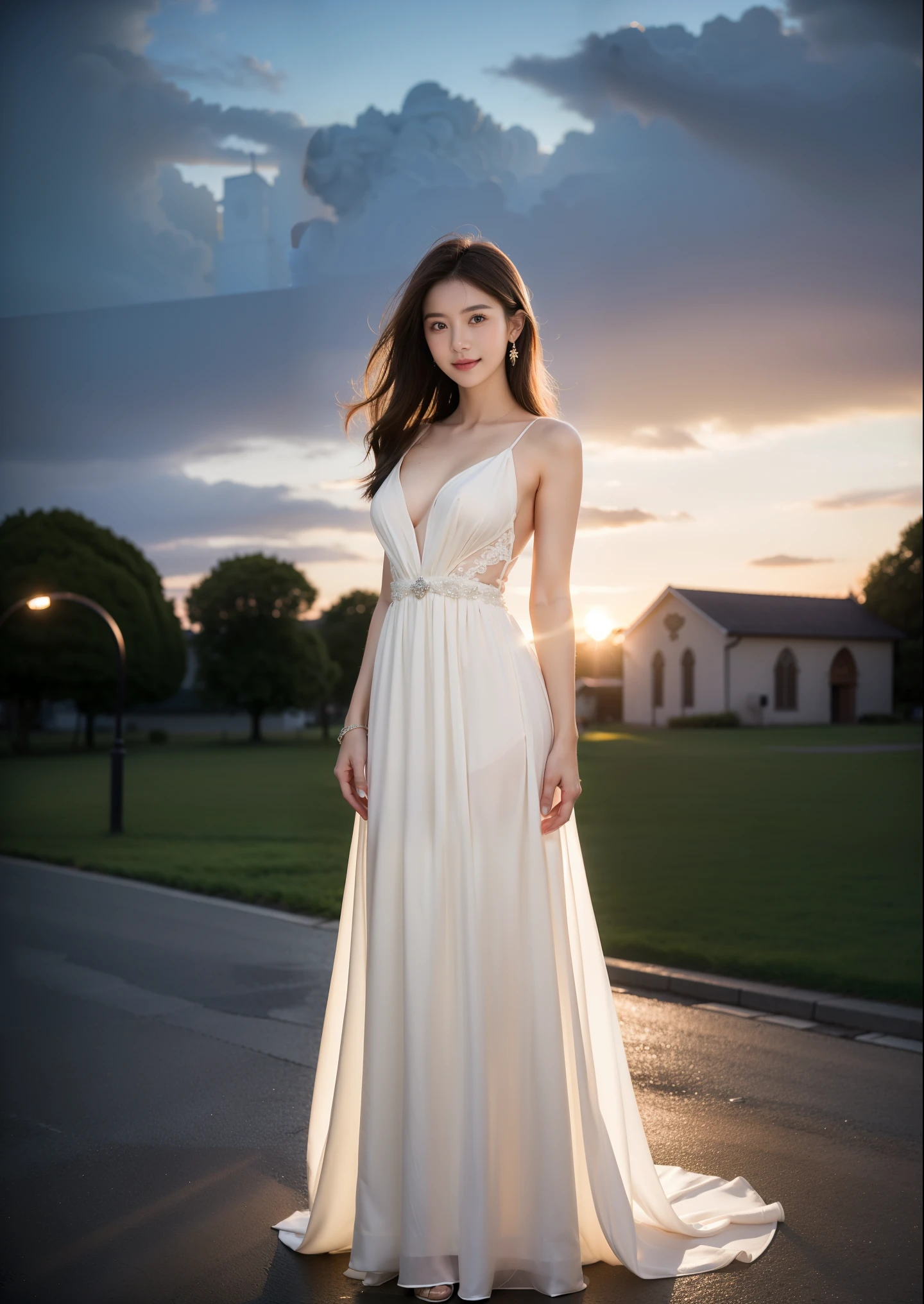Beautiful 25 year old skinny woman。She is wearing a wedding dress. She is smiling on illuminated by the evening church lights on the romantic sunset time. her dark brown hair. High resolution、masterpiece、highest quality、頭w:1.0、((Hasselblad Photos))、fine skin、(movie lighting)、clavicle . full body picture.