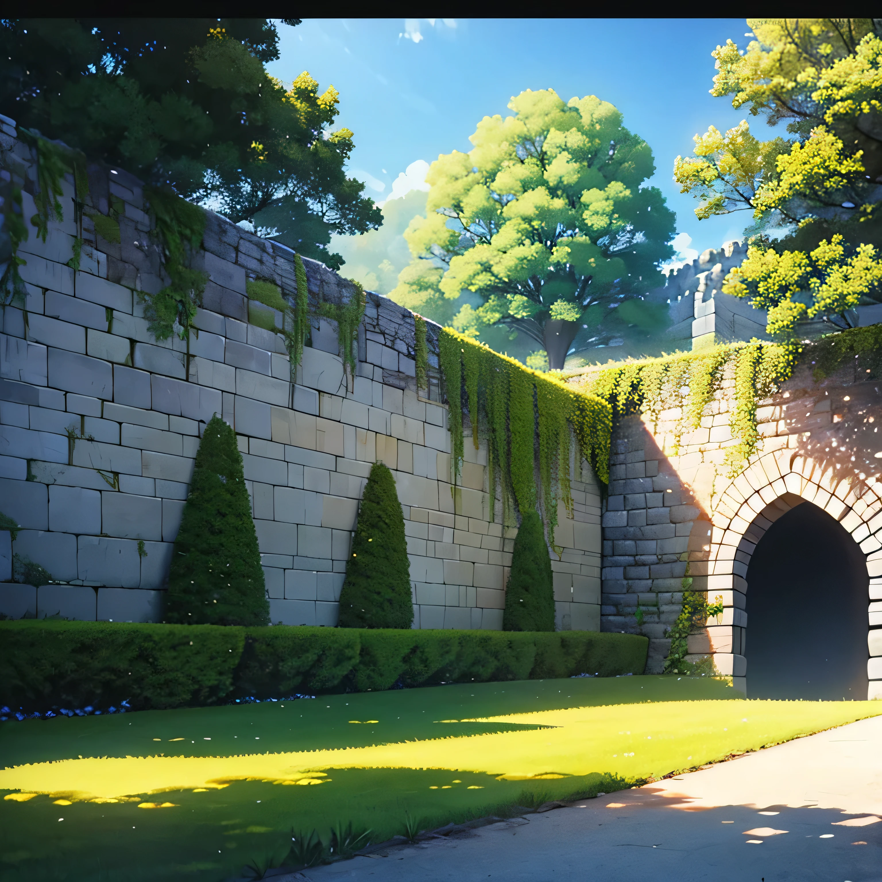 Muro de castelo, perspectiva horizontal, parede, trees in the background, animation style, 2D, front view