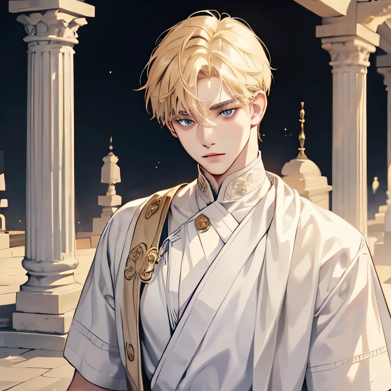 (A male god) Short hair blond boy with tired eyes, equal eyes, white ancient clothes