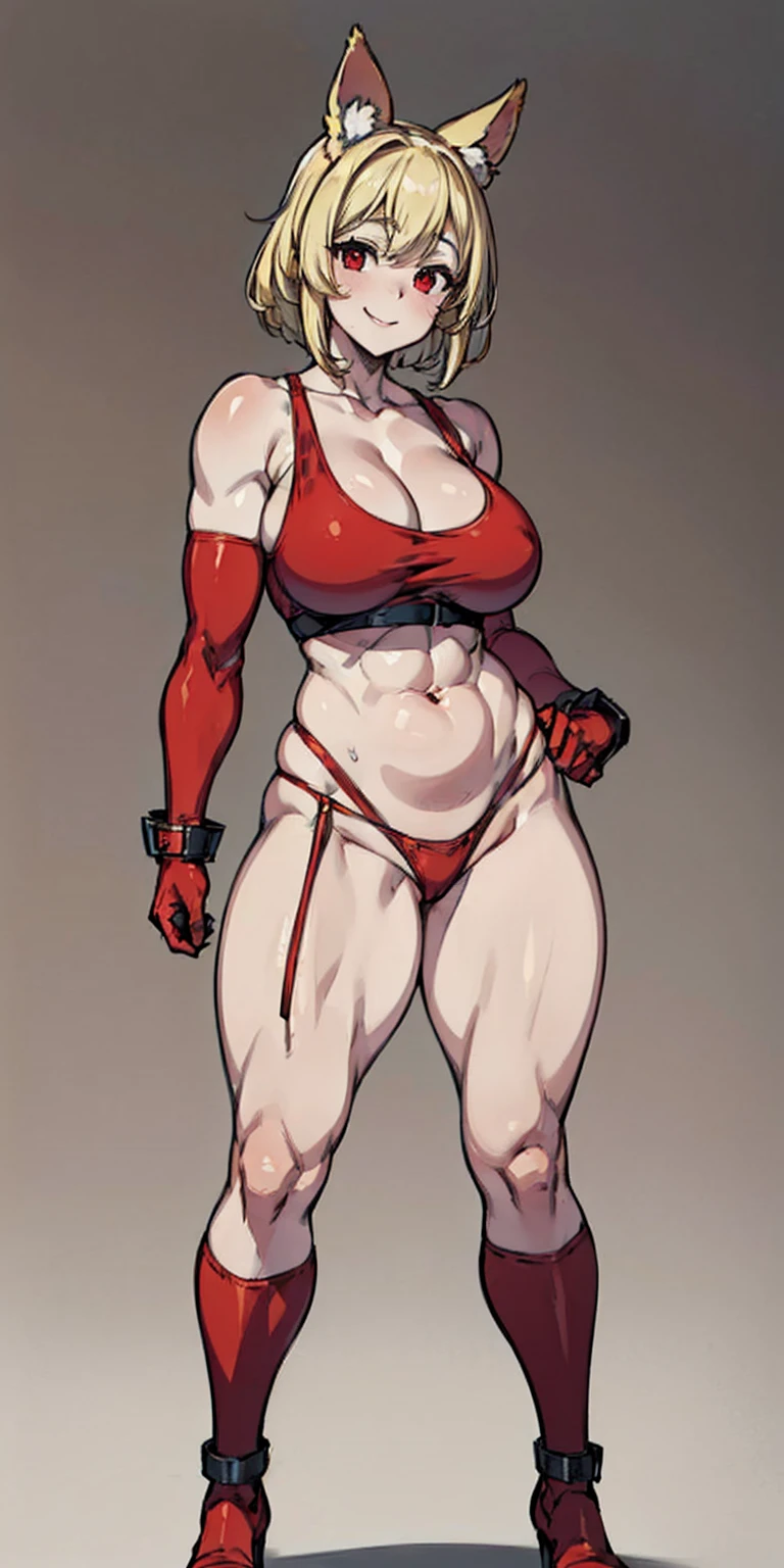 (plain background, 8k, best quality, masterpiece, realistic, photo-realistic:1.37) (full body height standing straight symmetrical contrapposto) (looking at viewer) 2legs apart (wide stance) ultra detailed, 1solo cute girl (beautiful detailed eyes) (smile:1.2) (closed mouth) view from below depth of field, good composition, bob hair, perfect knockers, suspenders, toned body, athletic, wide hips, thin waist, toned arms, exposed abdomen, abs toned, navel, big belly button belt ((red cheeks, red eyes, red tank top, red thong, red gloves gauntlets, red stockings thighs)) (Roxanne fluffy ears, dog ears, blonde hair)
