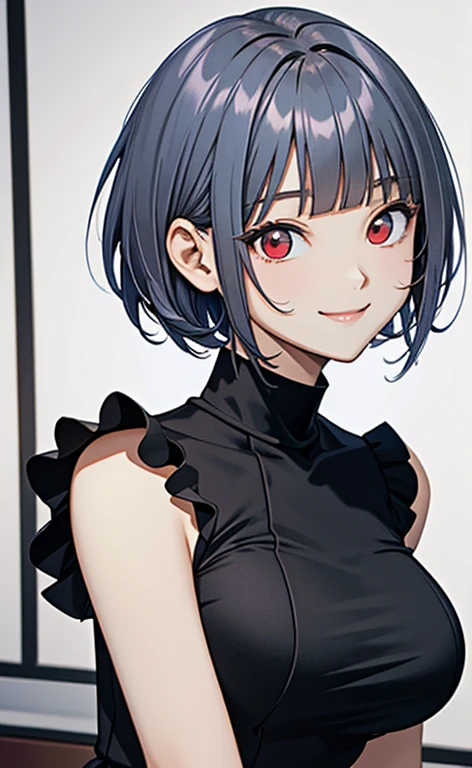 (masterpiece:1.4、top-quality、illustration)、(character focus、,upper body:1.3)、(face:1.5),(1girl),(teasing smile:1.5),(Beautiful eyes:1.4),cute face,(red eyes:1.3)、(tareme:1.3)、(),
),(stand:1.4),、(),(),
(blue grey hair),(short hair:1.5)、
,(),(sleeveless turtleneck china dress:1.5),
(blunt bangs),(sidelocks:1.3), (large breasts)、
、slender、zydG