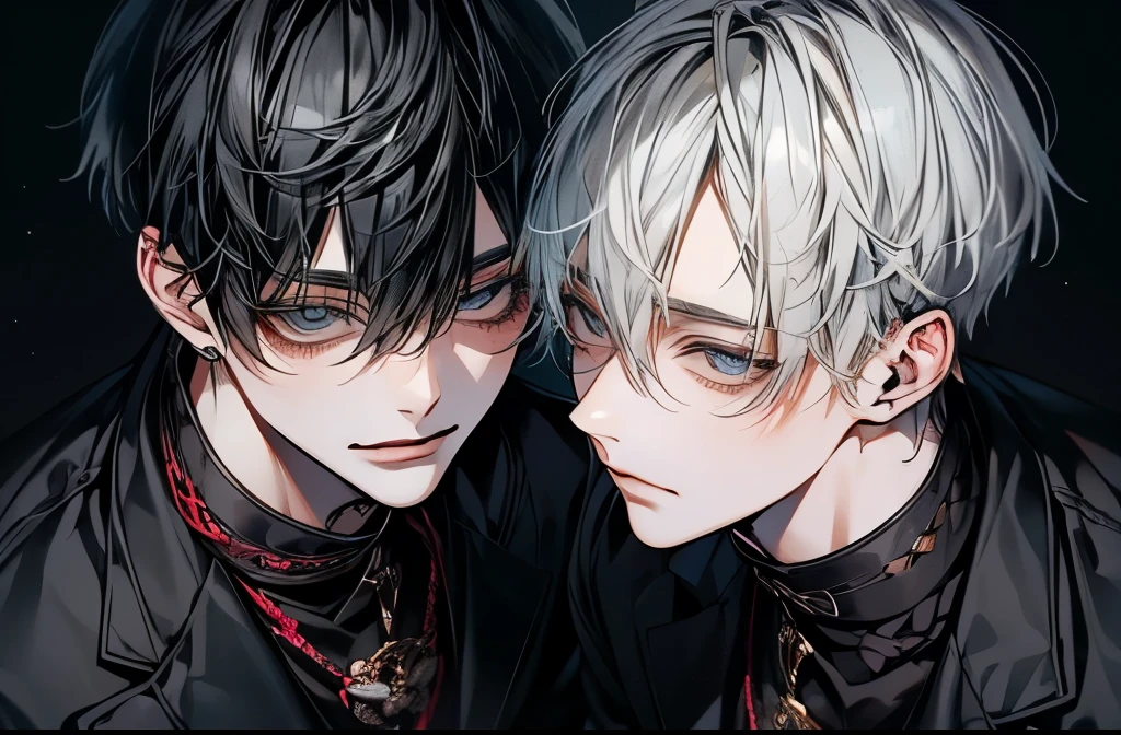 (Mastepiece), (Best Quality), Very detailed, ((Two friendly men:1.5)), Perfect Face, Beautiful Face, Very detailedな顔,(Black-haired man:1.3),(Grey-haired man:1.3)、