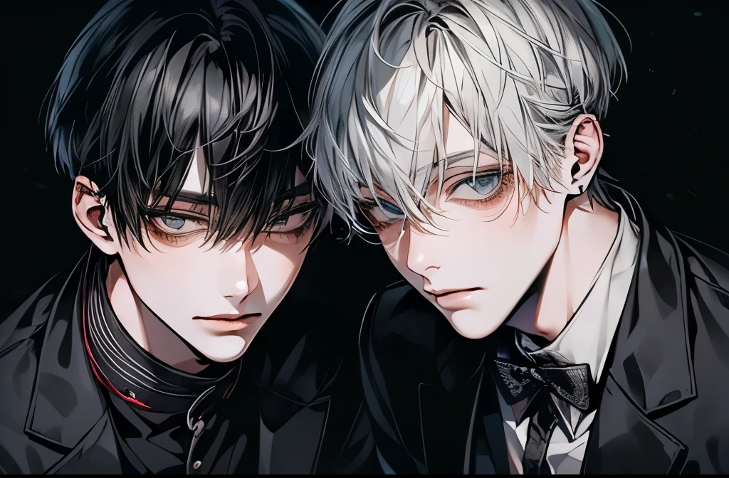 (Mastepiece), (Best Quality), Very detailed, ((Two friendly men:1.5)), Perfect Face, Beautiful Face, Very detailedな顔,(Black-haired man:1.3),(Grey-haired man:1.3)、
