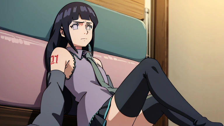 1girl, hinata\(shippuden\), miku outfit, sleeveless shirt, grey shirt, detached sleeves, necktie, arm tattoo, skirt, thighhighs, thigh boots,