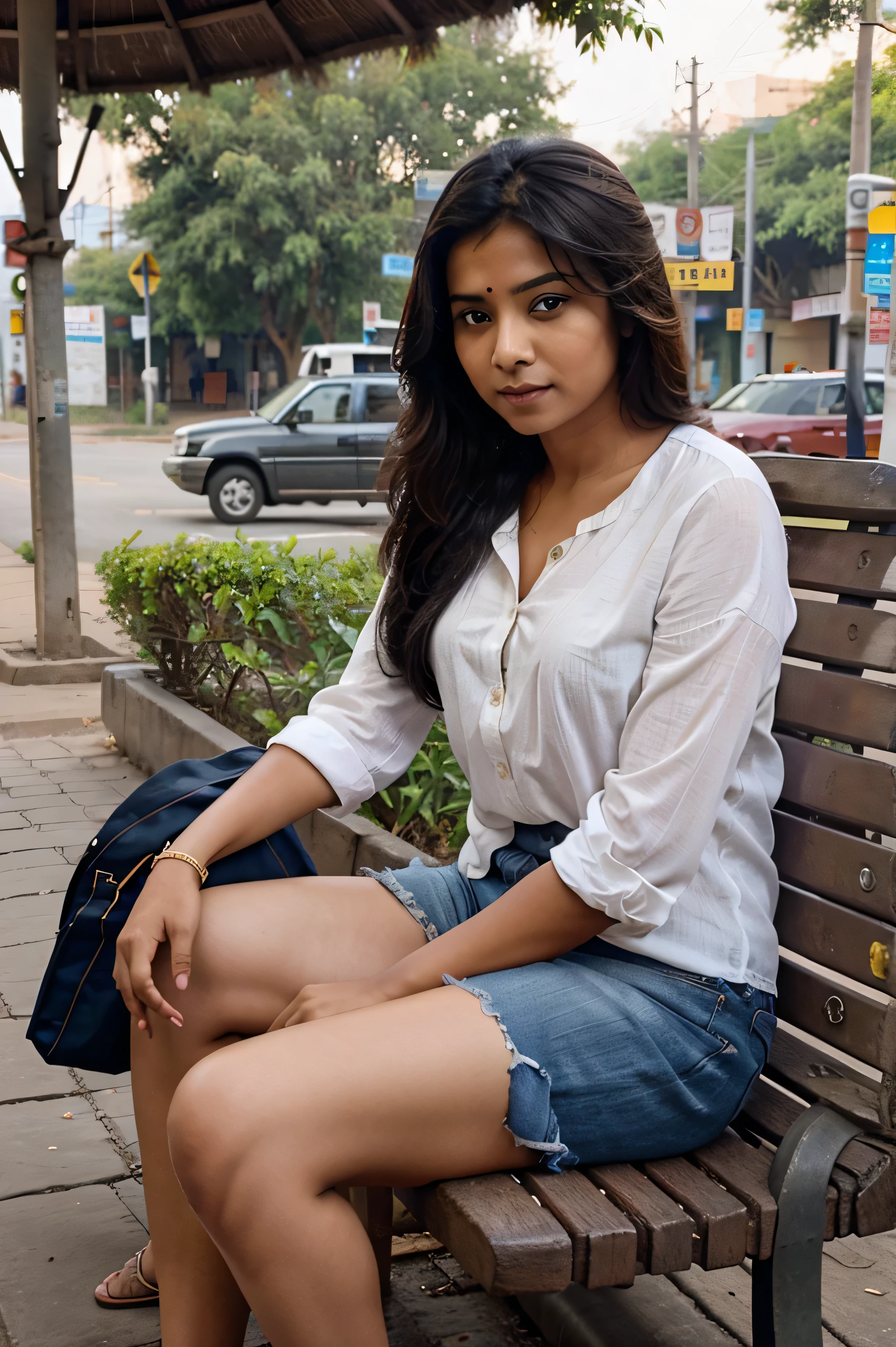 A Indian lady sitting in a bench at road side 