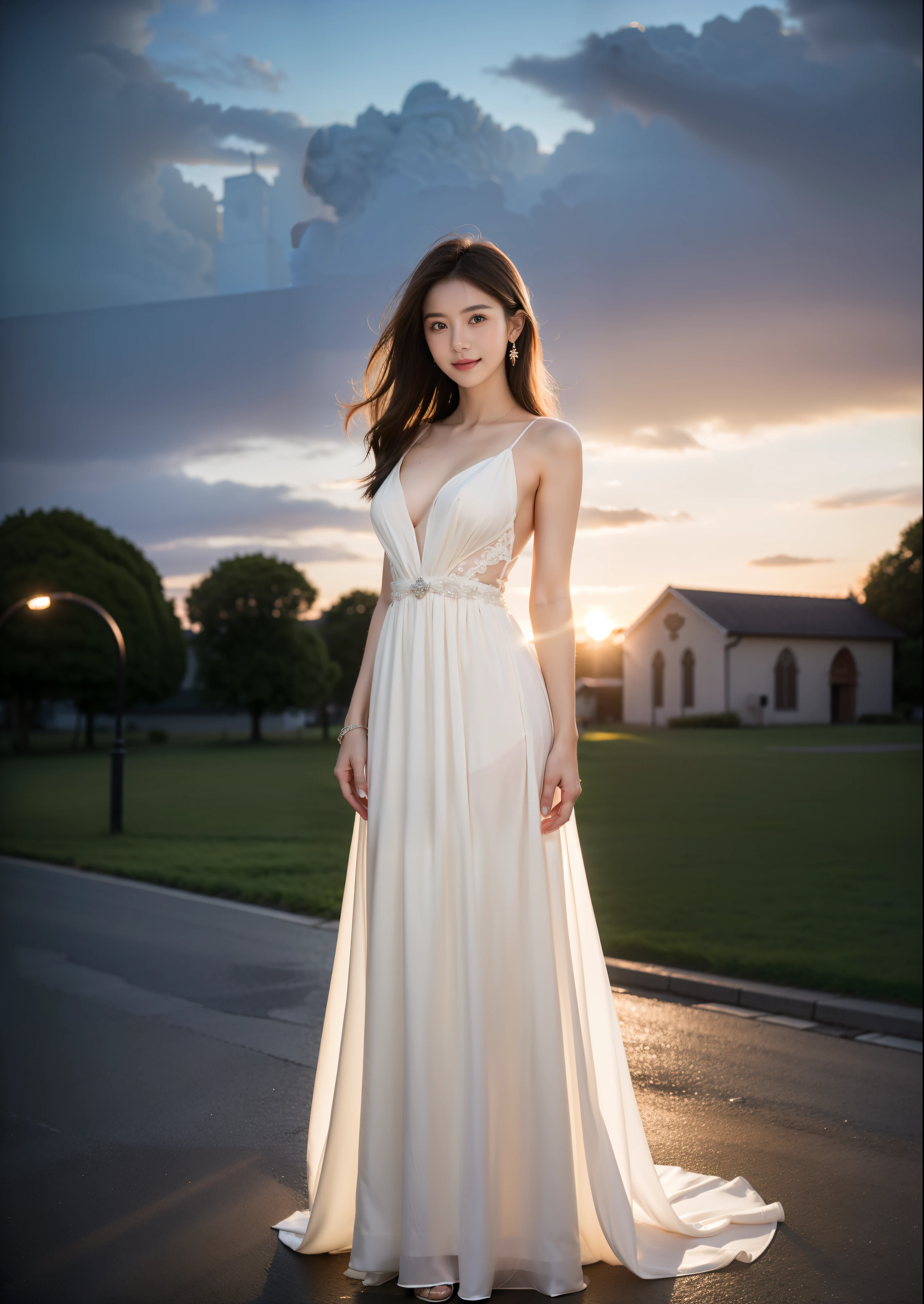 Beautiful 25 year old skinny woman。She is wearing a wedding dress. She is smiling on illuminated by the evening church lights on the romantic sunset time. her dark brown hair. High resolution、masterpiece、highest quality、頭w:1.0、((Hasselblad Photos))、fine skin、(movie lighting)、clavicle . full body picture.
