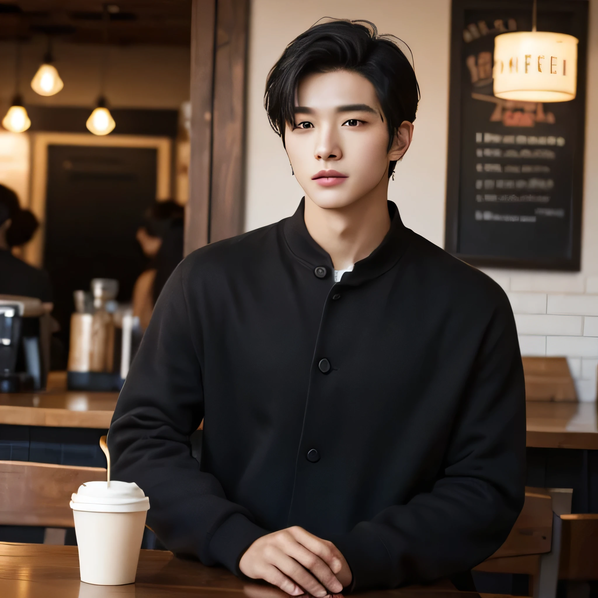 Best quality, masterpiece, 1boy, asian, handsome, cool, short hair, black hair, coffee shop