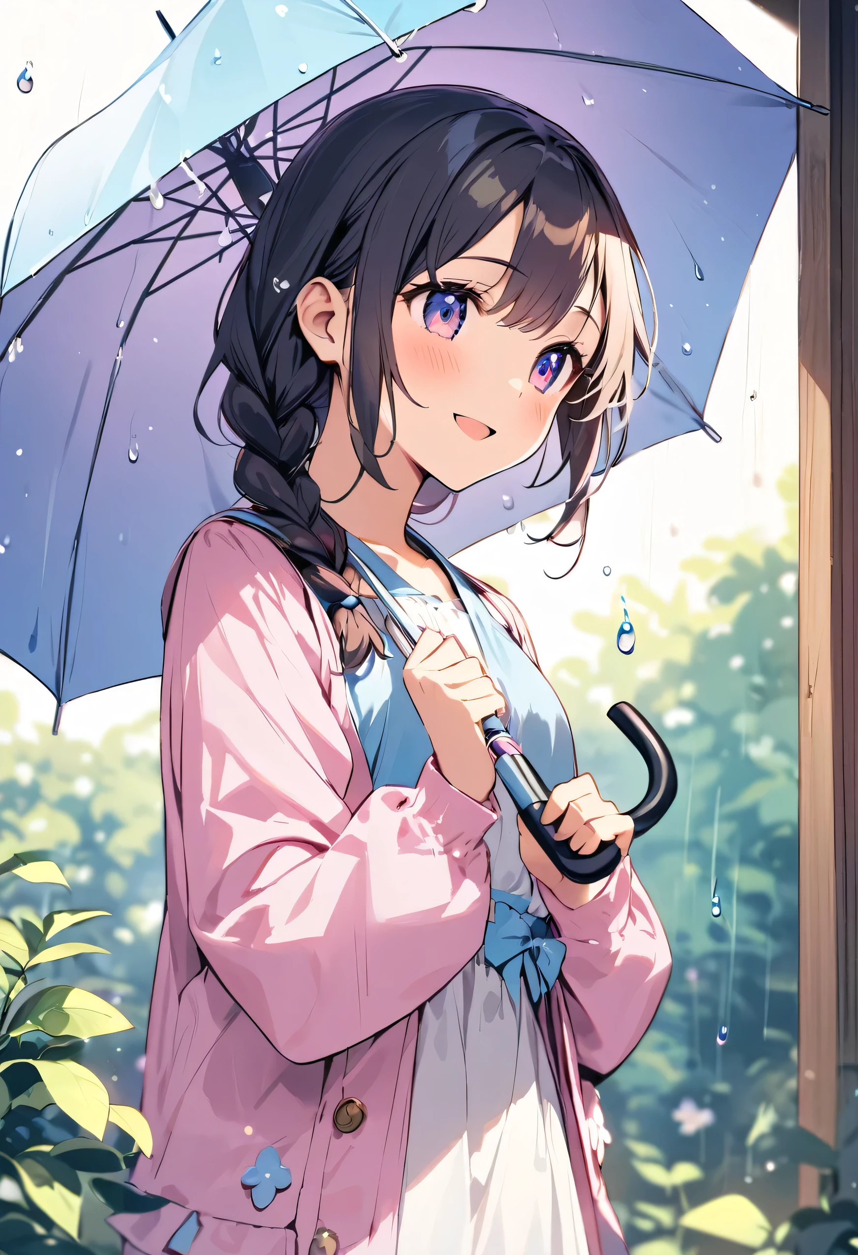 highest quality、High resolution、Detailed Background、Beautiful face in every detail、Teenage beauty、Cute hair colour、Braided Ponytail、Braided bob cut、Cute hairstyle、well-groomed eyebrows、Cute gestures、
The girl is walking lightly while holding the umbrella tightly in both hands.、
I take rhythmic small steps to the sound of raindrops hitting the fabric of my umbrella.、
Her eyes are sparkling and she has a bright smile、The way he desperately tries to hold the umbrella is adorable.、
When raindrops land on the girl&#39;s hair、They shine like small polka dots.、
The girl&#39;s soft hair swaying in the wind looks like an elegant dance.、
There was no one around, just a girl walking in the rain.、
The girl&#39;s cuteness and bright atmosphere stand out.