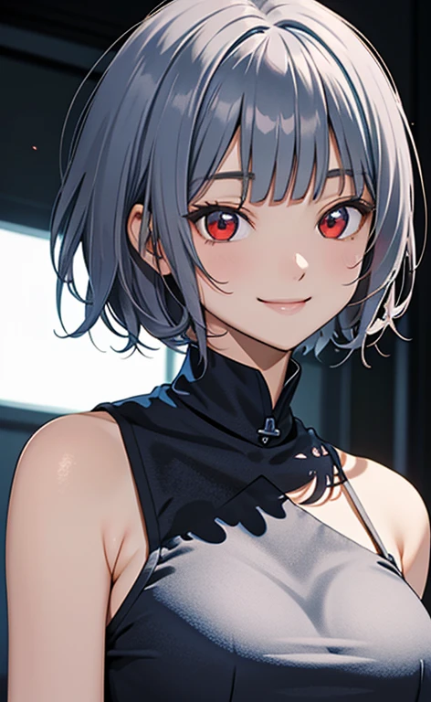 (masterpiece:1.4、top-quality、illustration)、(character focus、,upper body:1.3)、(face:1.5),(1girl),(teasing smile:1.5),(Beautiful eyes:1.4),cute face,(red eyes:1.3)、(tareme:1.3)、(),
),(stand:1.4),、(),(),
(blue grey hair),(short hair:1.5)、
,(),（sleeveless turtleneck china dress:1.5),
(blunt bangs),(sidelocks:1.3), (large breasts)、
、slender、zydG