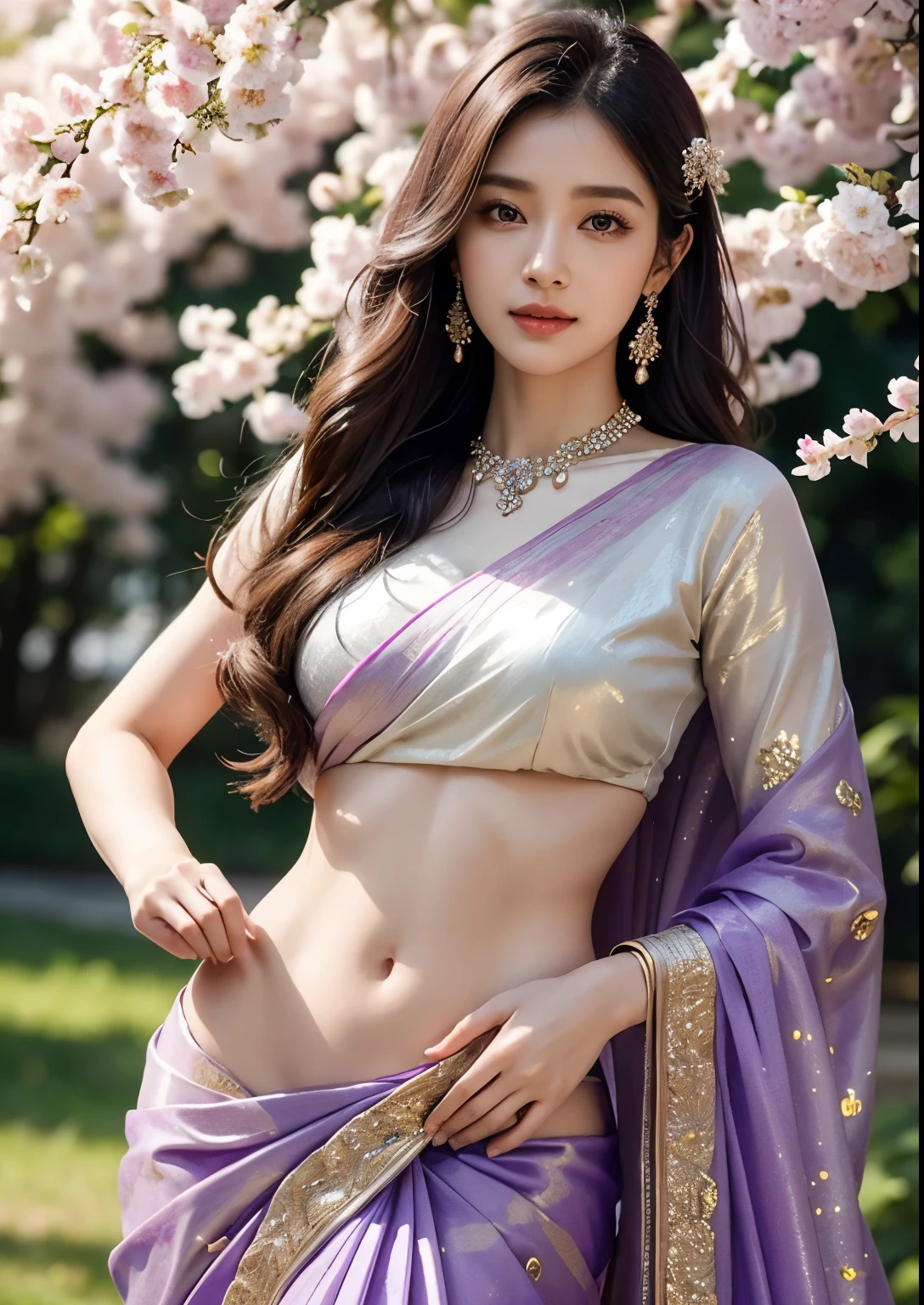 Close up, 24 year old indian woman, Thin Purple silky saree, oily body, long dense braided hair, tropical forest, ultra realistic, realism, cute, charming, day time, tattooed body, medium height, big eyes, Indian traditional style saree, Pink bangles in both hands, Rose flower in hair, hair pin, ambient lighting, perfect anatomy, detailed body and face, 8K, Masterpiece, RAW photo, Best quality, Photorealistic, Extremely detailed CG Unity 8K wallpaper, Noval Showing, Most Beautiful smile, ((smile:1.2)), ((No need thighs expose)), 