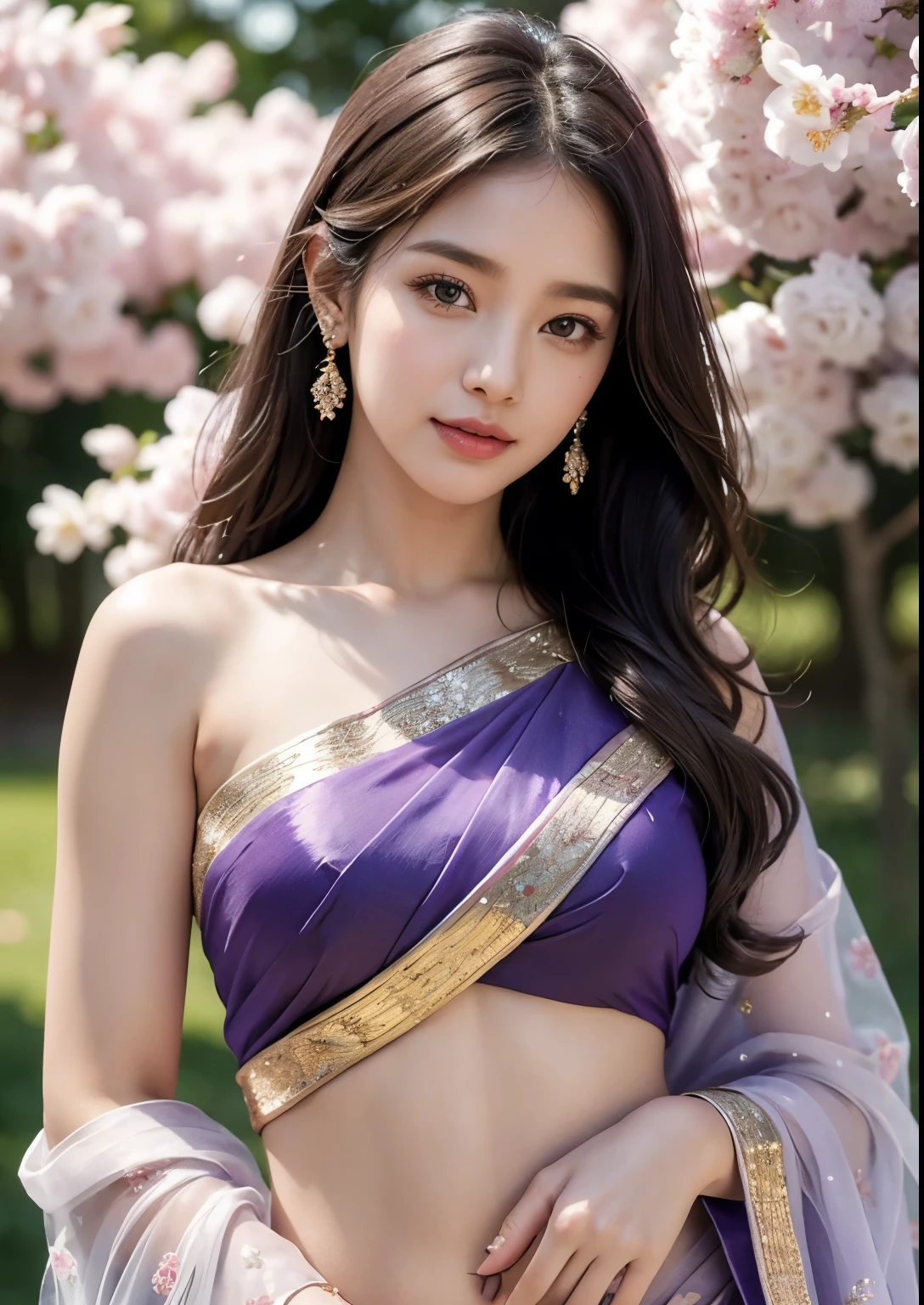 beautiful detailed eyes, beautiful detailed lips, extremely detailed eyes and face, long eyelashes, 1girl, beautiful Korean girl, exquisite bridal glitter purple saree, beautiful silky bridal glitter purple saree, standing in front of a Yoshino Cherry trees, many Yoshino Cherry trees, ethereal lighting, soft pastel colors, realistic, realistic face, realistic skin, realistic body, cinematic lighting, dramatic composition, masterpiece, best quality, 4k, 8k, highres, ultra-detailed, photorealistic, professional, vivid colors, ethereal aura, serene expression, dappled sunlight filtering through the blue blossoms, lush green foliage, highly detailed, cinematic lighting, vibrant colors, nature, (smile1.2), upper body shot, clear face, cute, navel showing, 