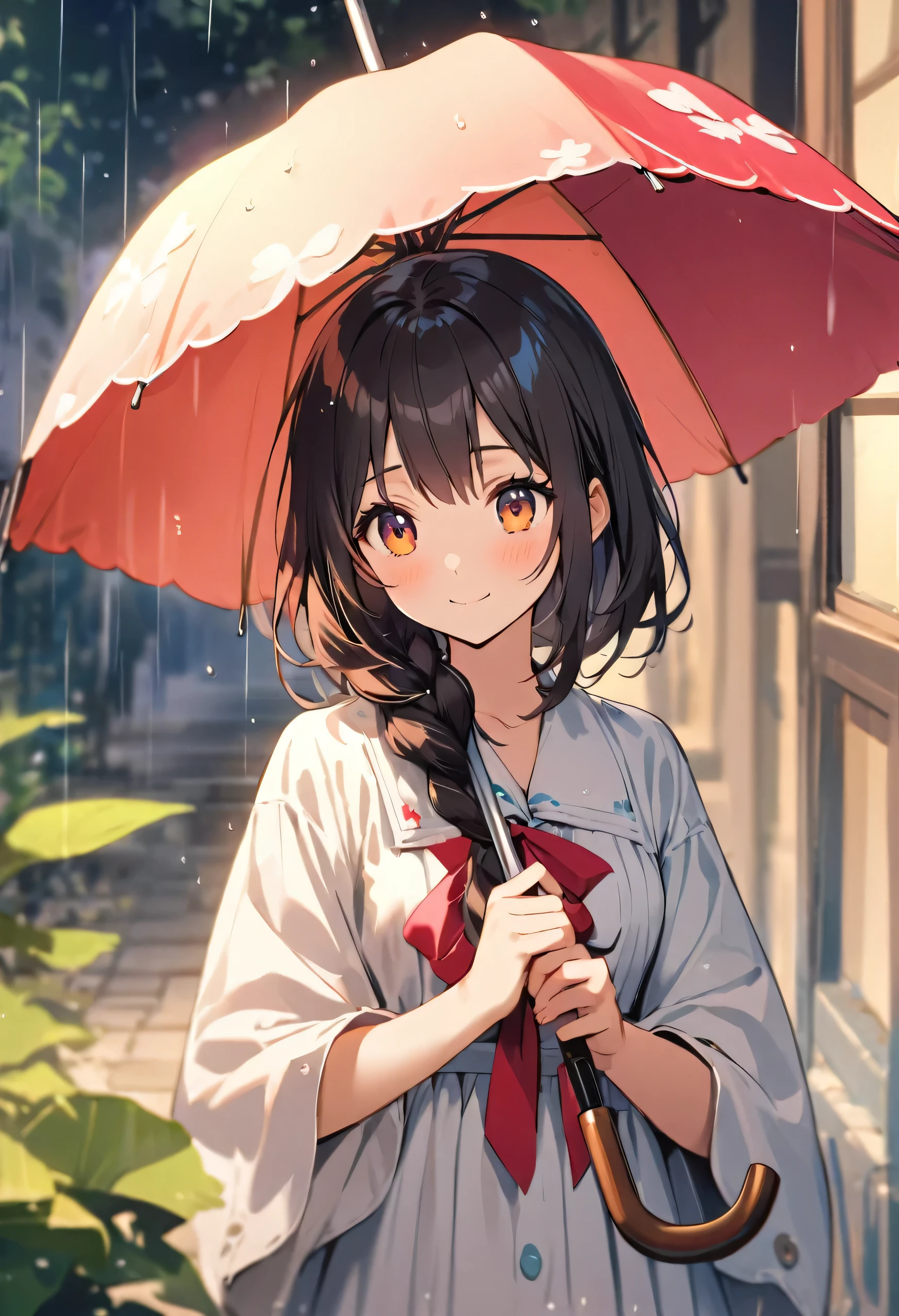 highest quality、High resolution、Detailed Background、Beautiful face in every detail、Teenage beauty、Cute hair colour、Braided Ponytail、Braided bob cut、Cute hairstyle、well-groomed eyebrows、Cute gestures、
The girl is walking lightly while holding the umbrella tightly in both hands.、
I take rhythmic small steps to the sound of raindrops hitting the fabric of my umbrella.、
Her eyes are sparkling and she has a bright smile、The way he desperately tries to hold the umbrella is adorable.、
When raindrops land on the girl's hair、They shine like small polka dots.、
The girl's soft hair swaying in the wind looks like an elegant dance.、
There was no one around, just a girl walking in the rain.、
The girl's cuteness and bright atmosphere stand out.