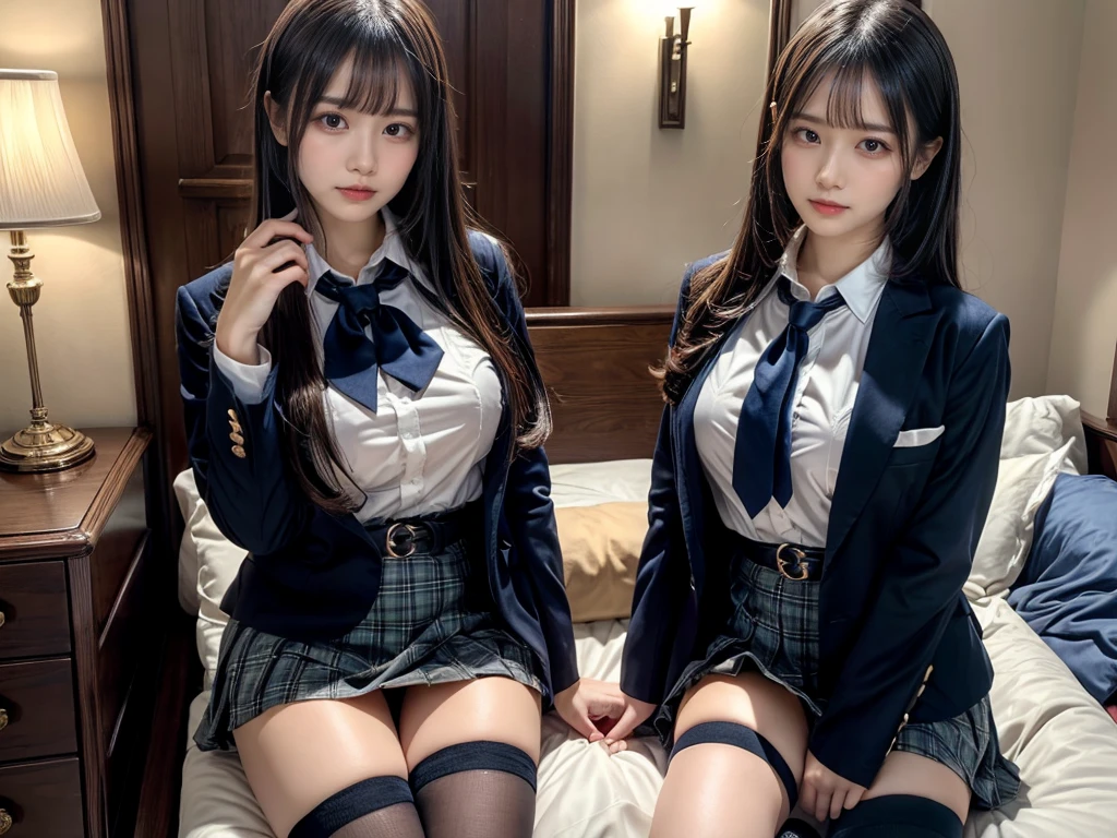 (8K, Raw photography, top-quality, masterpiece:1.2), master piece, best quality, illustration, Super detailed, fine details, High resolution, 8K,wall paper, perfect dynamic composition,(Details High quality, realistic depiction of eyes:1.3), ((2 girls, 2 schoolgirls)), The background is a luxury hotel room、High school girl uniform、blazer 、Super Short Check Uniform Skirt、Navy blue high socks、garterbelts、Colossal tits、Disturbed uniform, Play with each other,Touching each other's bodies,Touching the body of the girl next door, short bob hair, black hair color, huge breasts, Big Natural Color Lip, bold sexy pose, (perfect body shape), crying a little、cold gaze, Beautiful makeup,glitter makeup,Cutest 18 years old, beautiful legs, hposing Gravure Idol, Voluptuous thighs