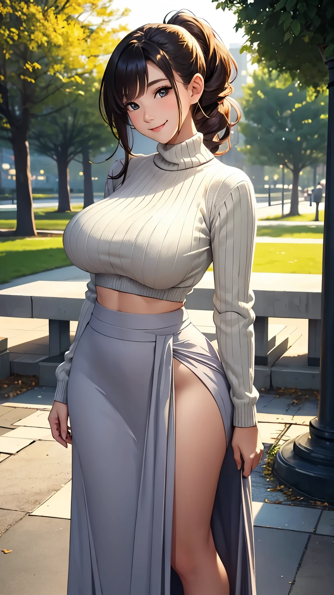 20 year old woman,soft lighting,standing in a park,perfect face,smiling,perfect figure, random hairstyle, tight sweater, long skirt,narrow shoulders,huge breasts, wide hips