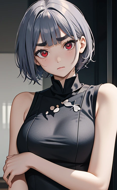 (masterpiece:1.4、top-quality、illustration)、(character focus、,upper body:1.3)、(face:1.5),(1girl),(troubled eyebrows:1.5),(Beautiful eyes:1.4),cute face,(red eyes:1.3)、(tareme:1.3)、(),
),(stand:1.4),、(),(),
(blue grey hair),(short hair:1.5)、
,(),(sleeveless turtleneck china dress:1.5),
(blunt bangs),(sidelocks:1.3), (large breasts)、
、slender、zydG