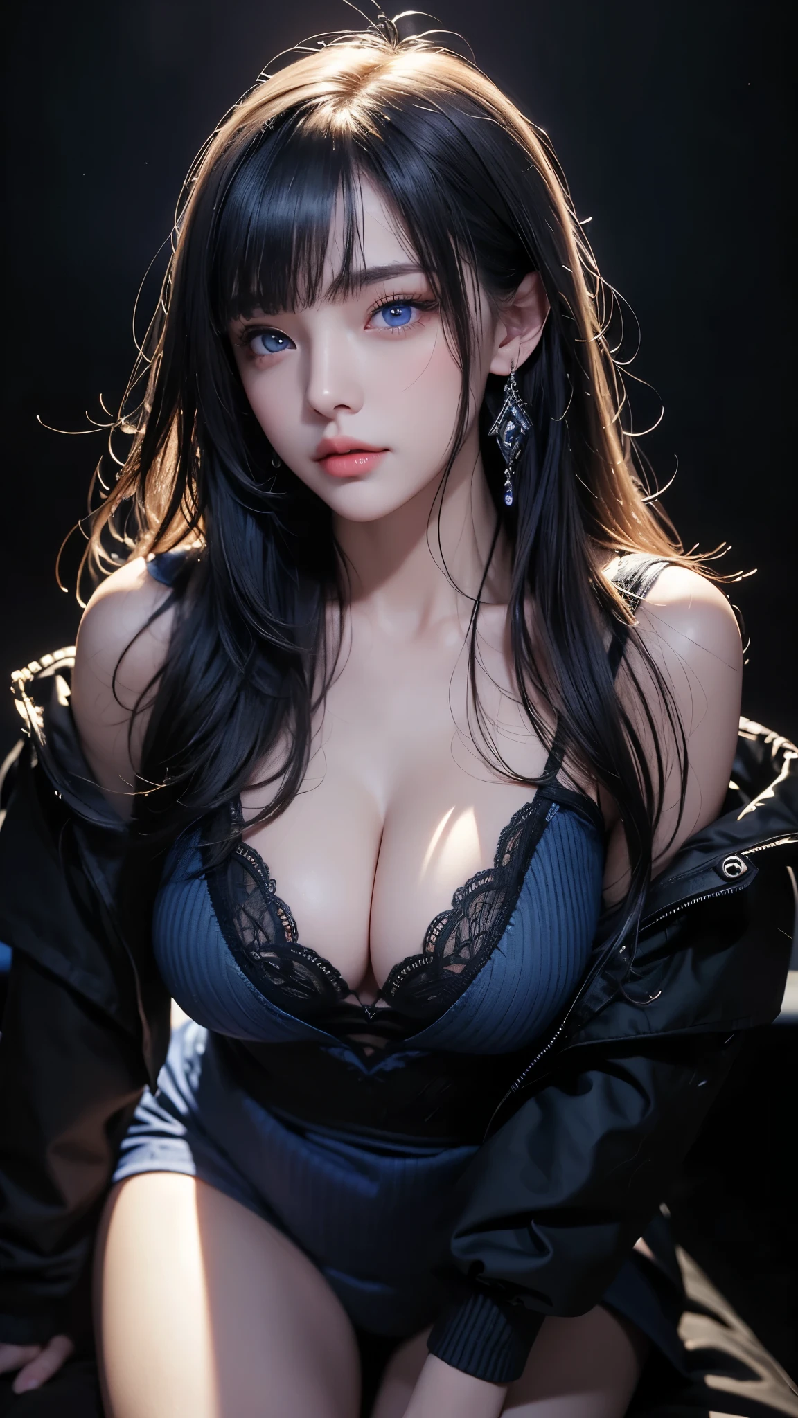 masterpiece, highest quality, Super detailed, Facing the camera, 複雑に詳細なSuper detailed, Realistic, Sharp features, Very detailed, Sharp focus, Perfect Face, Perfect Face, Perfect symmetrical perfect eyes, Perfect Plump Lips, Flexible female form, Cinematic, Film Light, Super detailed, hyper Realistic, masterpiece, Atmospheric, High resolution, Vibrant, Dynamic Studio Lighting, ((Dark Background)), The expression when enduring pleasure, Straight bangs, blue eyes,Black sweater, Cowboy Shot,The cleavage is visible、first round、Sexually aroused expression