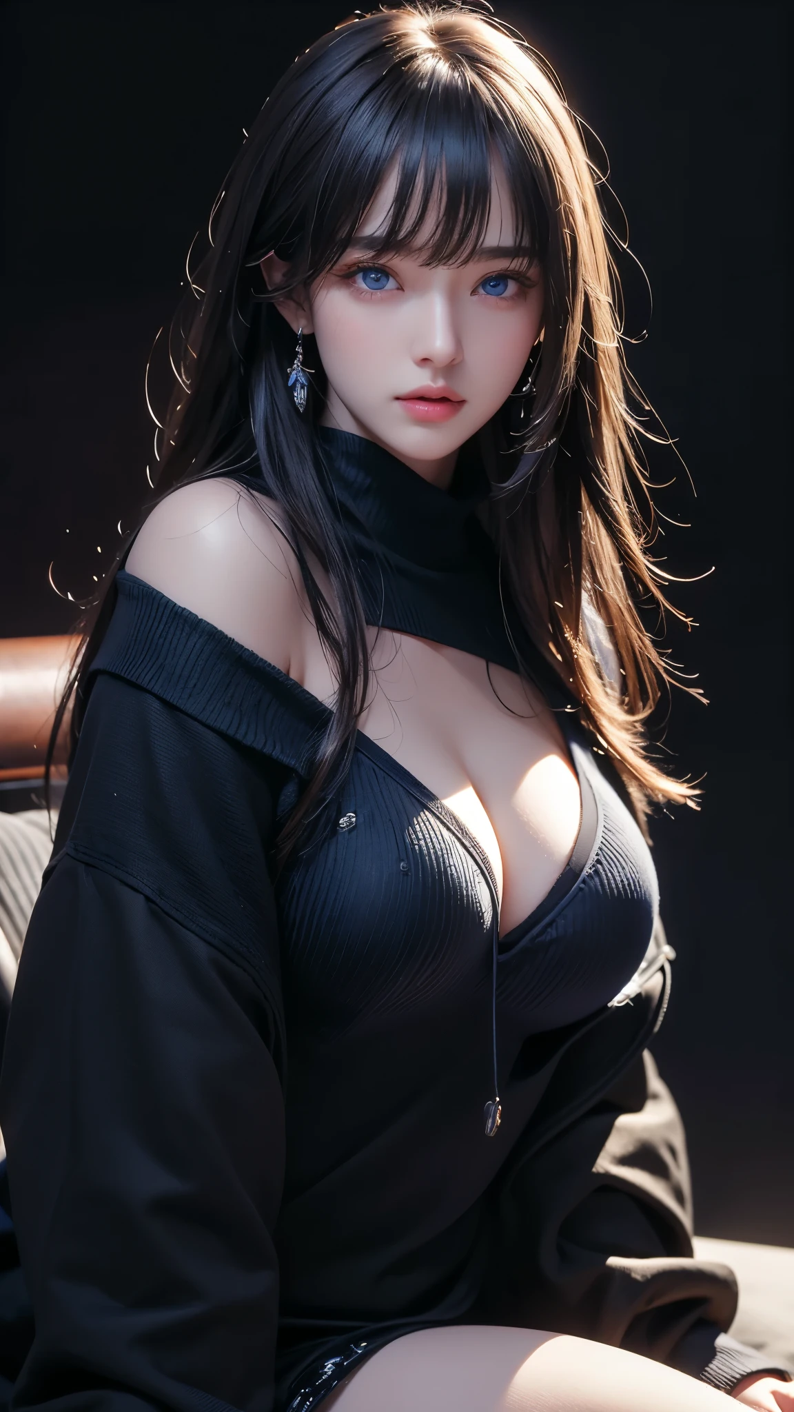 masterpiece, highest quality, Super detailed, Facing the camera, 複雑に詳細なSuper detailed, Realistic, Sharp features, Very detailed, Sharp focus, Perfect Face, Perfect Face, Perfect symmetrical perfect eyes, Perfect Plump Lips, Flexible female form, Cinematic, Film Light, Super detailed, hyper Realistic, masterpiece, Atmospheric, High resolution, Vibrant, Dynamic Studio Lighting, ((Dark Background)), The expression when enduring pleasure, Straight bangs, blue eyes,Black sweater, Cowboy Shot,The cleavage is visible、first round、Sexually aroused expression