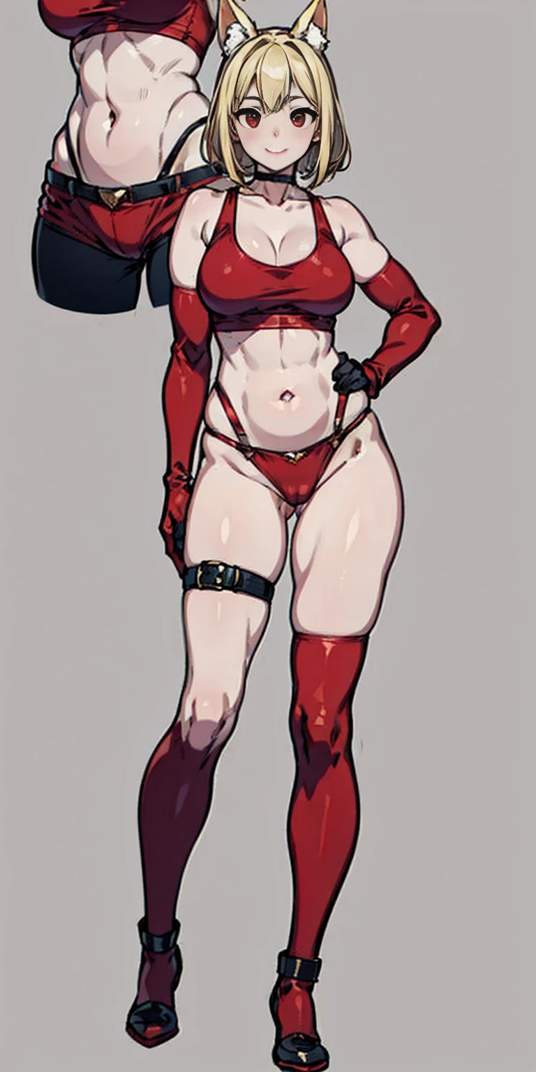 (plain background, 8k, best quality, masterpiece, realistic, photo-realistic:1.37) (full body height standing straight symmetrical contrapposto) (looking at viewer) 2legs apart (wide stance) ultra detailed, 1solo cute girl (beautiful detailed eyes) (smile:1.2) (closed mouth) view from below depth of field, good composition, bob hair, perfect knockers, suspenders, toned body, athletic, wide hips, thin waist, toned arms, exposed abdomen, abs toned, navel, big belly button belt ((red cheeks, red eyes, red tank top, red thong, red gloves gauntlets, red stockings thighs)) (Roxanne fluffy ears, dog ears, blonde hair)