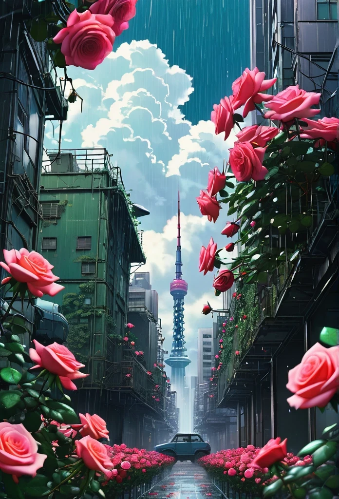 Neo Tokyo Roses are blooming in the sky and all the space A street of mechanical buildings A little deserted and raining Roses are falling from the sky