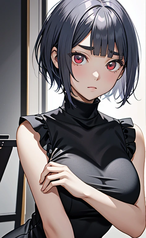 (masterpiece:1.4、top-quality、illustration)、(character focus、,upper body:1.3)、(face:1.5),(1girl),(troubled eyebrows:1.2),(Beautiful eyes:1.4),cute face,(red eyes:1.3)、(tareme:1.3)、(),
),(stand:1.4),、(),(),
(blue grey hair),(short hair:1.5)、
,(),(sleeveless turtleneck china dress:1.5),
(blunt bangs),(sidelocks:1.3), (large breasts)、
、slender、zydG